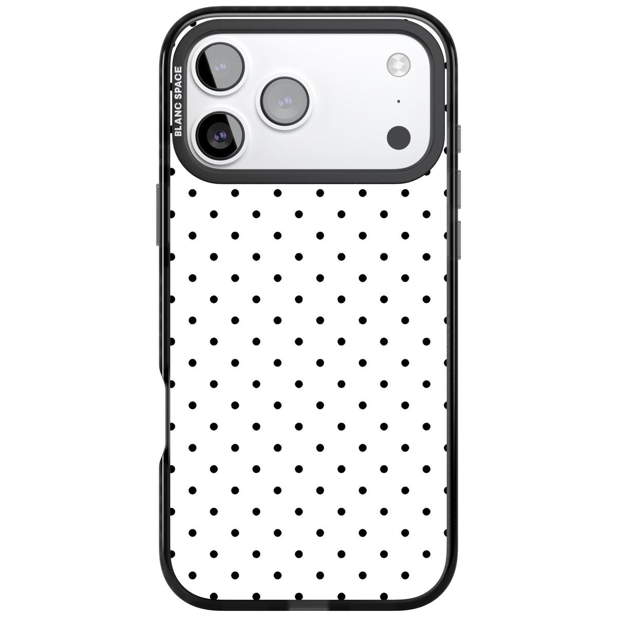Dalmatian Dots minimal iPhone case featuring small black polka dots on a crisp white background with bold black edges iPhone 17 Pro Max Impact Black Phone Case front