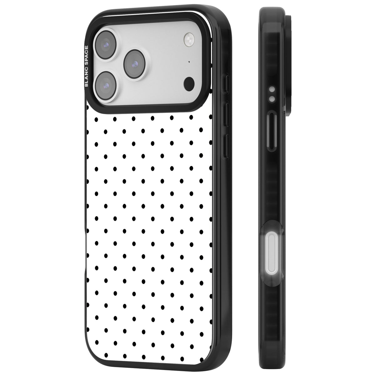 Dalmatian Dots minimal iPhone case featuring small black polka dots on a crisp white background with bold black edges iPhone 17 Pro Max Impact Black Phone Case side
