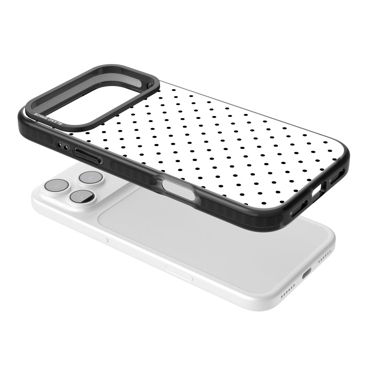 Dalmatian Dots minimal iPhone case featuring small black polka dots on a crisp white background with bold black edges iPhone 17 Pro Max Impact Black Phone Case angled