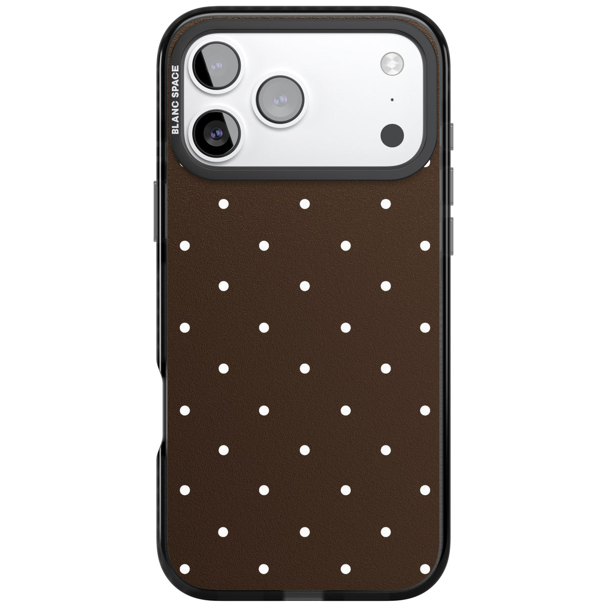 Espresso Dots minimalist iPhone case featuring white polka dots on a rich chocolate brown background iPhone 17 Pro Max Impact Black Phone Case front