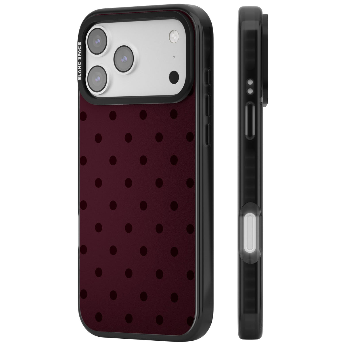Burgundy Polka Dot minimalist iPhone case featuring black polka dots on a deep burgundy wine red background iPhone 17 Pro Max Impact Black Phone Case side