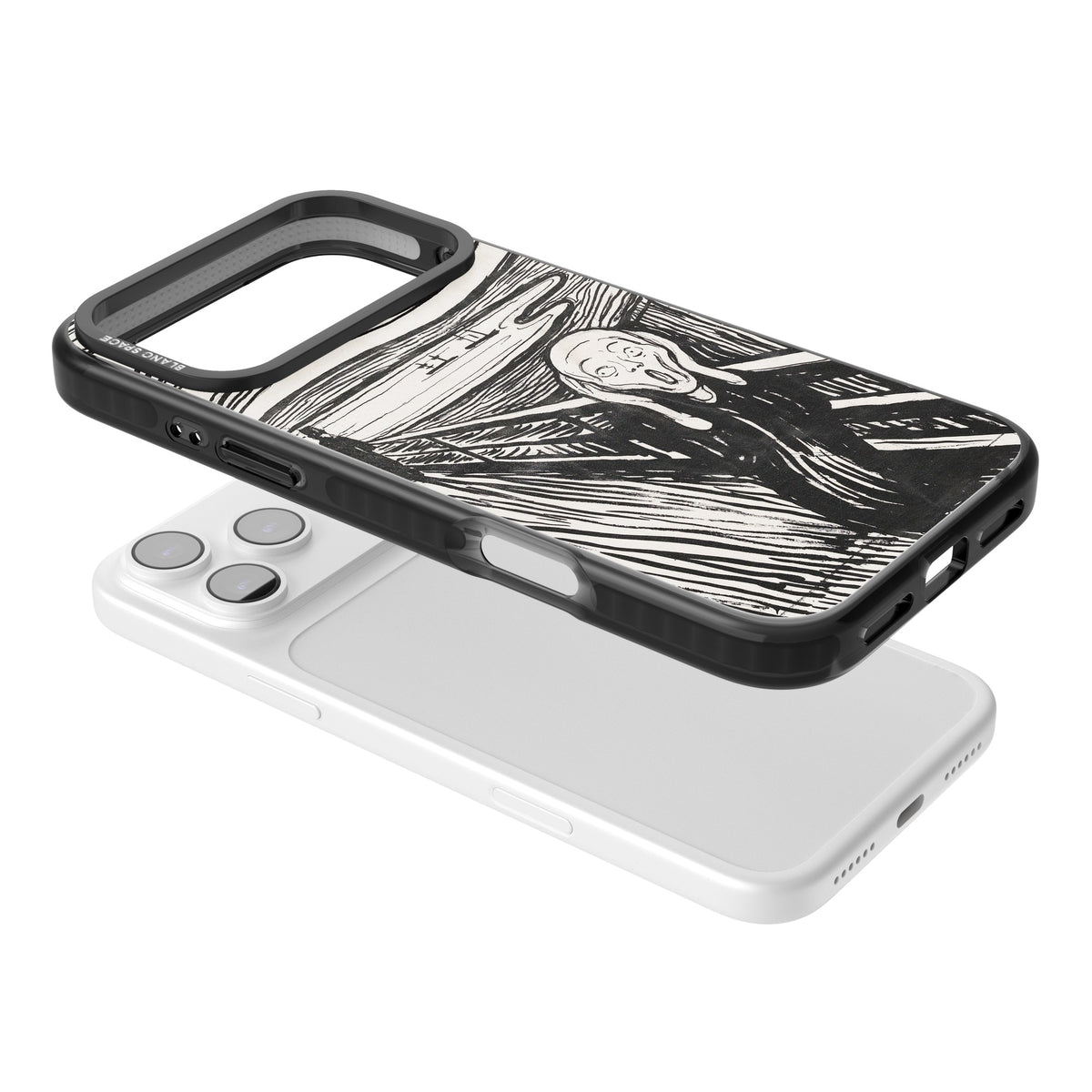 The Scream (Black & White) iPhone 17 Pro Max Impact Black Phone Case angled