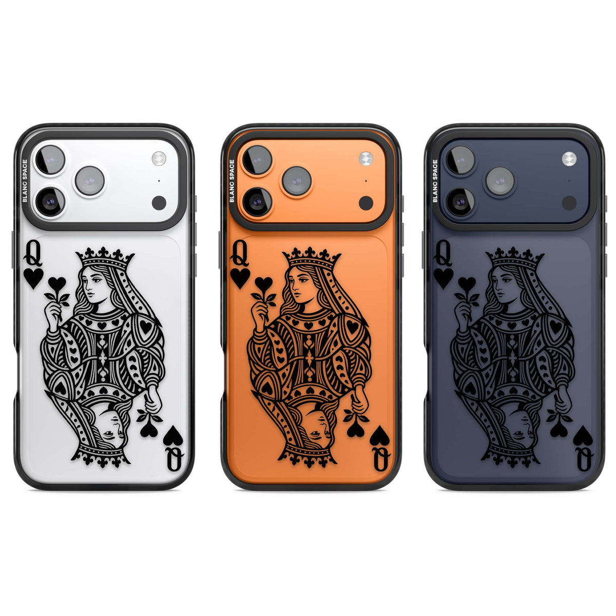 Queen Of Hearts (Black) queen of hearts iPhone case featuring vintage playing card illustration with crown and hearts suit | Clear Impact case for iPhone 17 Pro, iPhone 17 Pro Max