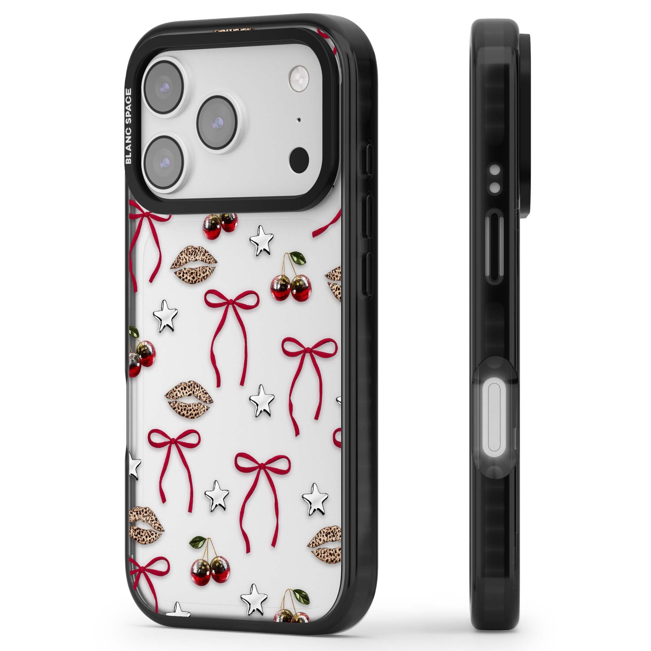 Starlet coquette iPhone case featuring red ribbon bows, disco cherries and leopard-print lips | Clear Impact case for iPhone 17 Pro, iPhone 17 Pro Max
