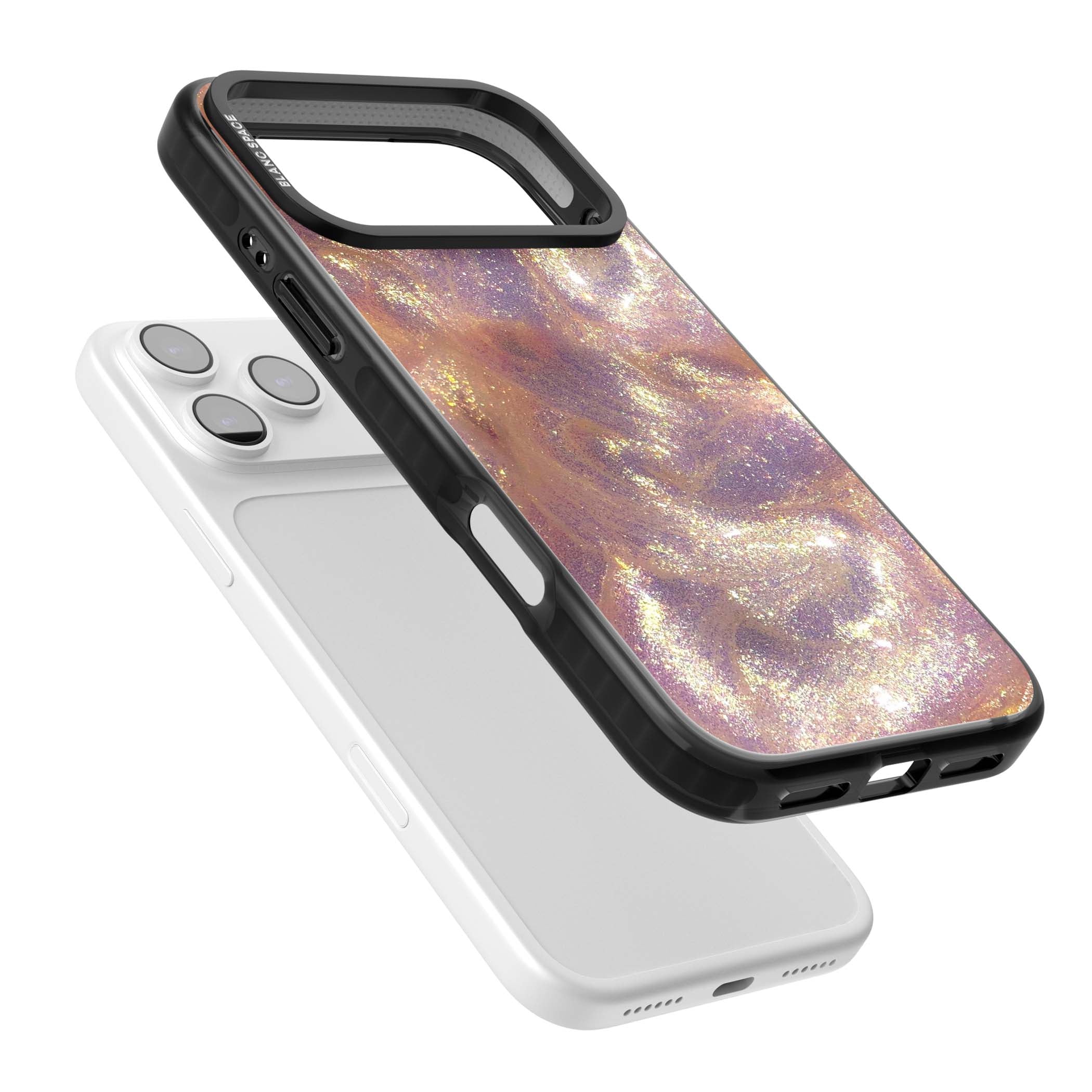 Shimmer marble iPhone case featuring rose gold glitter swirls, lilac shimmer and iridescent pearl finish | Clear Impact case for iPhone 17 Pro, iPhone 17 Pro Max