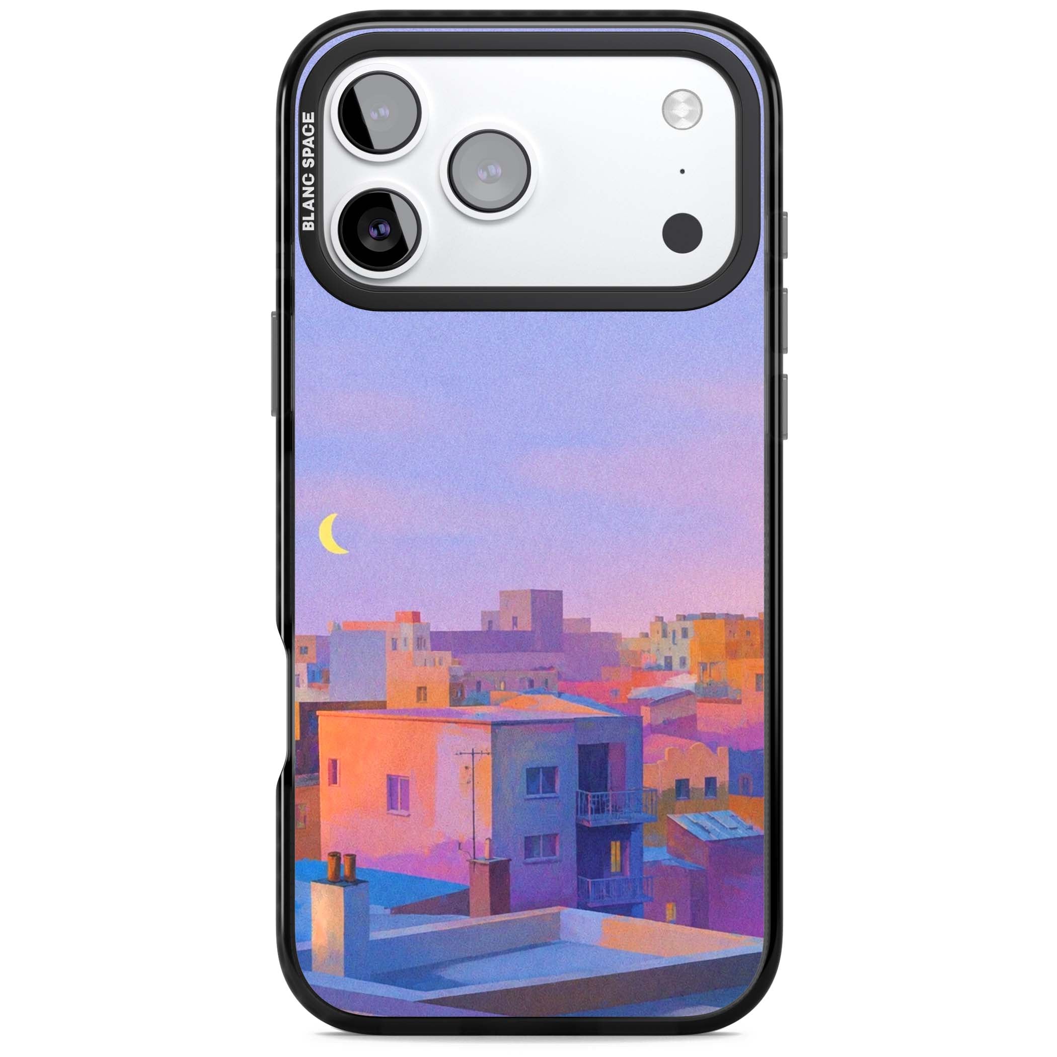 Twilight Rooftops vaporwave iPhone case featuring a pastel sunset cityscape, painted rooftops and a crescent moon. | Clear Impact case for iPhone 17 Pro, iPhone 17 Pro Max