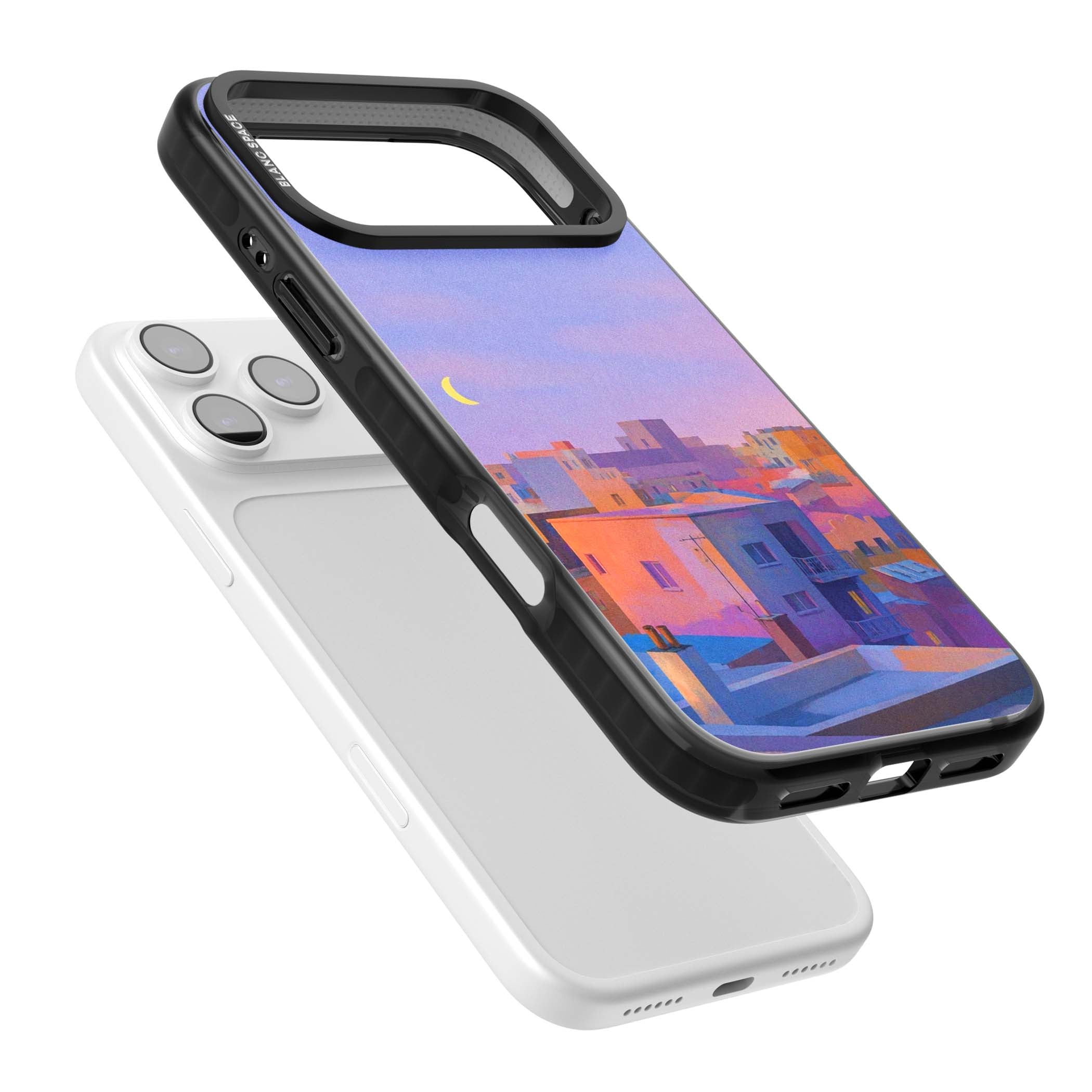 Twilight Rooftops vaporwave iPhone case featuring a pastel sunset cityscape, painted rooftops and a crescent moon. | Clear Impact case for iPhone 17 Pro, iPhone 17 Pro Max
