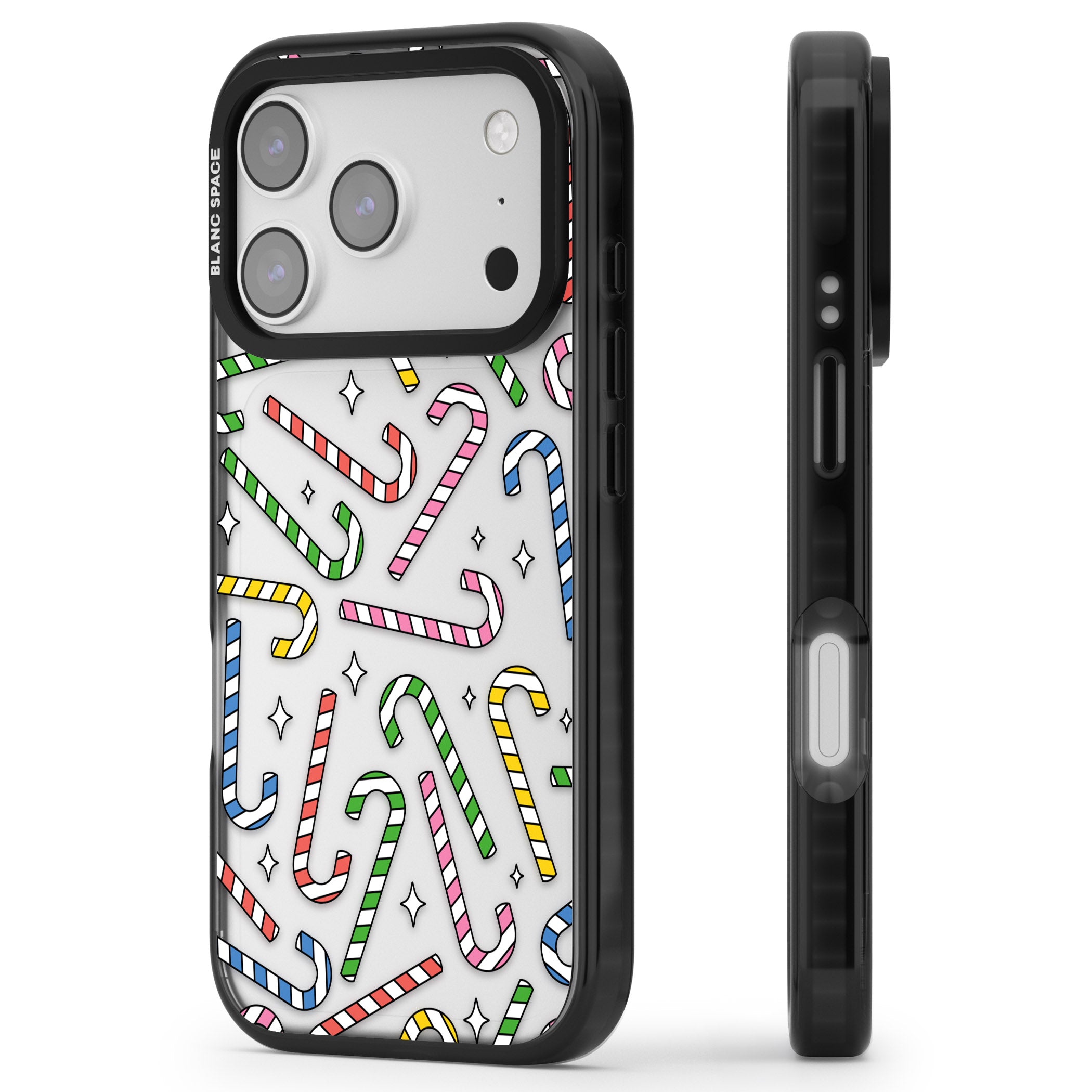 Colourful Stars & Candy Canes iPhone 17 Pro Impact Black Phone Case Side Profile