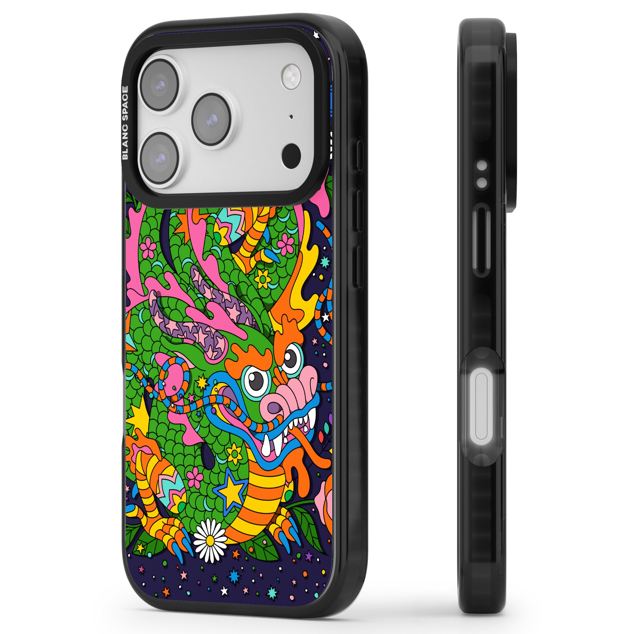 Psychedelic Jungle Dragon (Purple) iPhone 17 Pro Impact Black Phone Case Side Profile