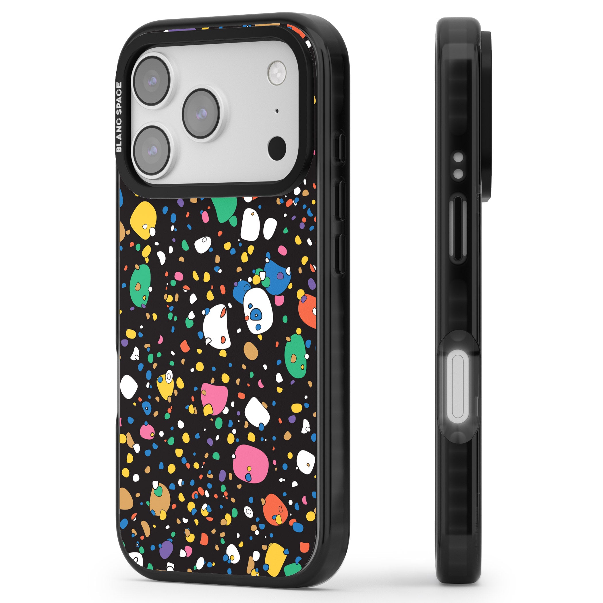 Colourful Confetti Pebbles (Black) iPhone 17 Pro Impact Black Phone Case Side Profile