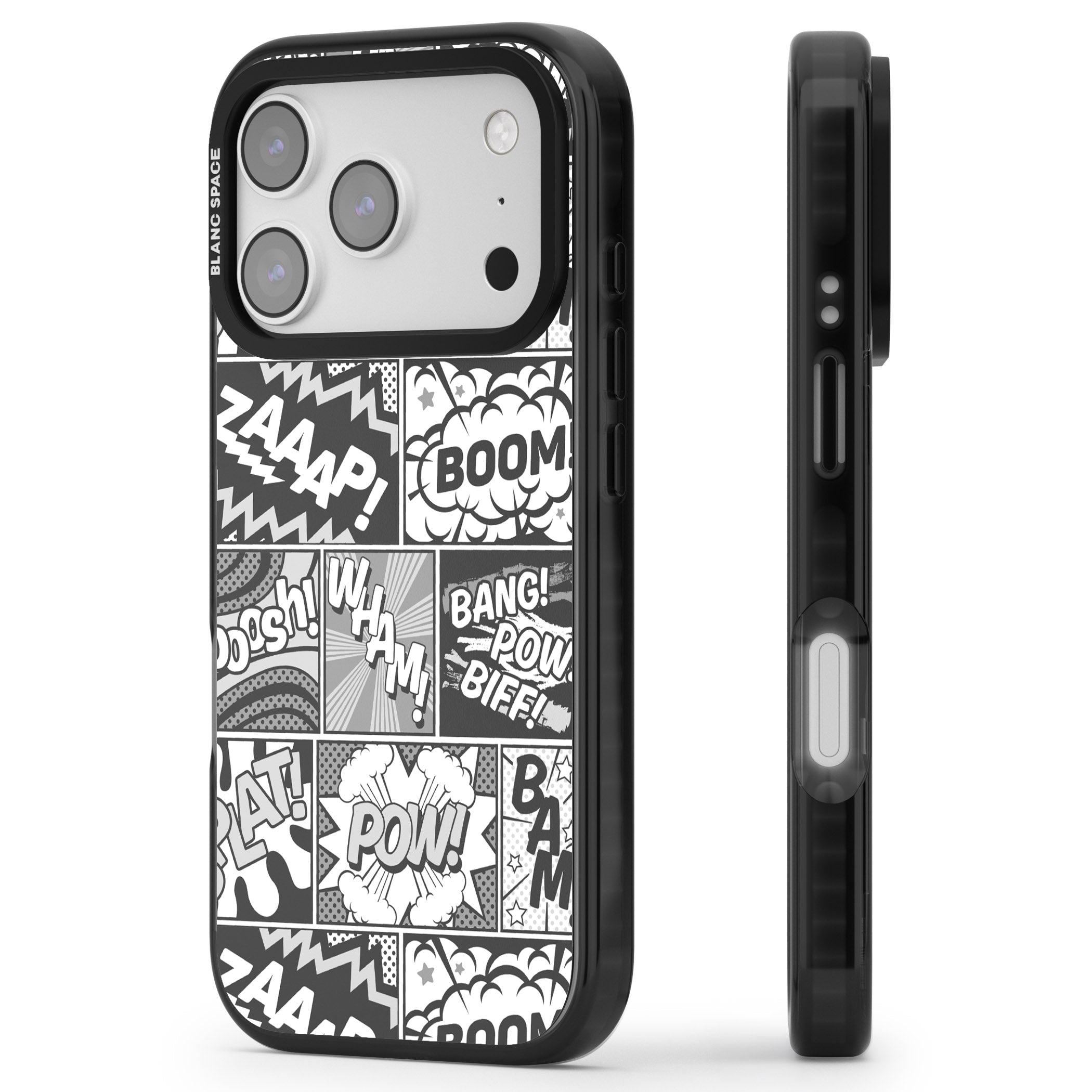 Onomatopoeia (Black & White) iPhone 17 Pro Impact Black Phone Case Side Profile