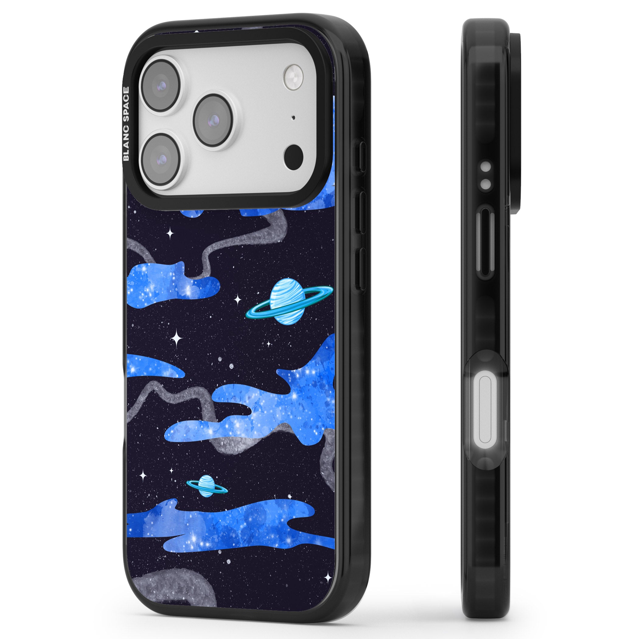 Blue Galaxy iPhone 17 Pro Impact Black Phone Case Side Profile