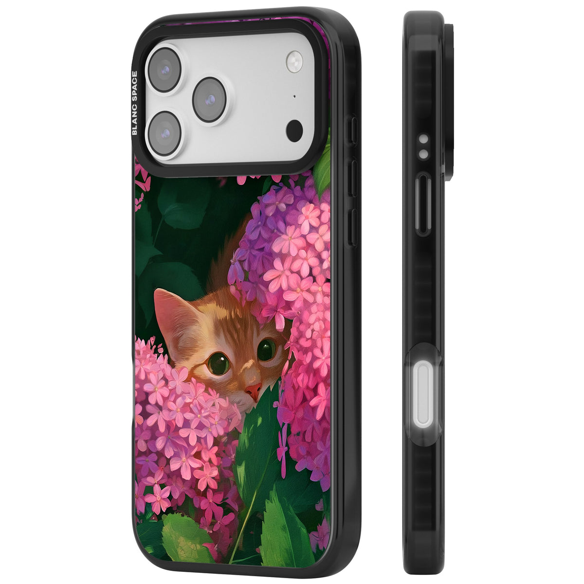 Cat In Pink Flowers iPhone 17 Pro Max Impact Black Phone Case side
