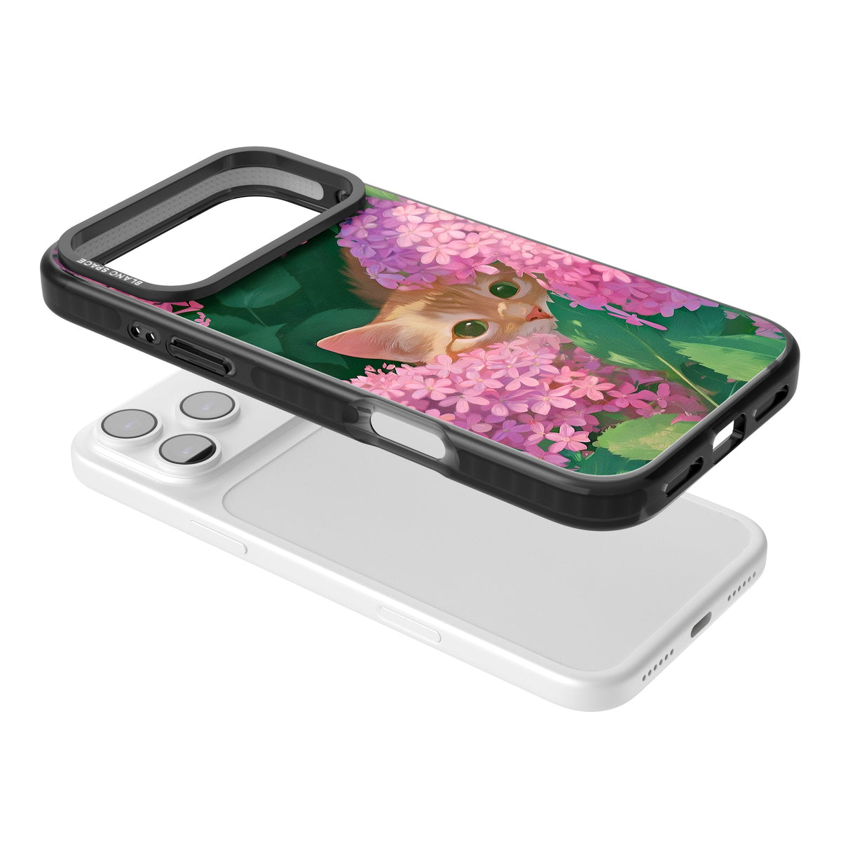 Cat In Pink Flowers iPhone 17 Pro Max Impact Black Phone Case angled