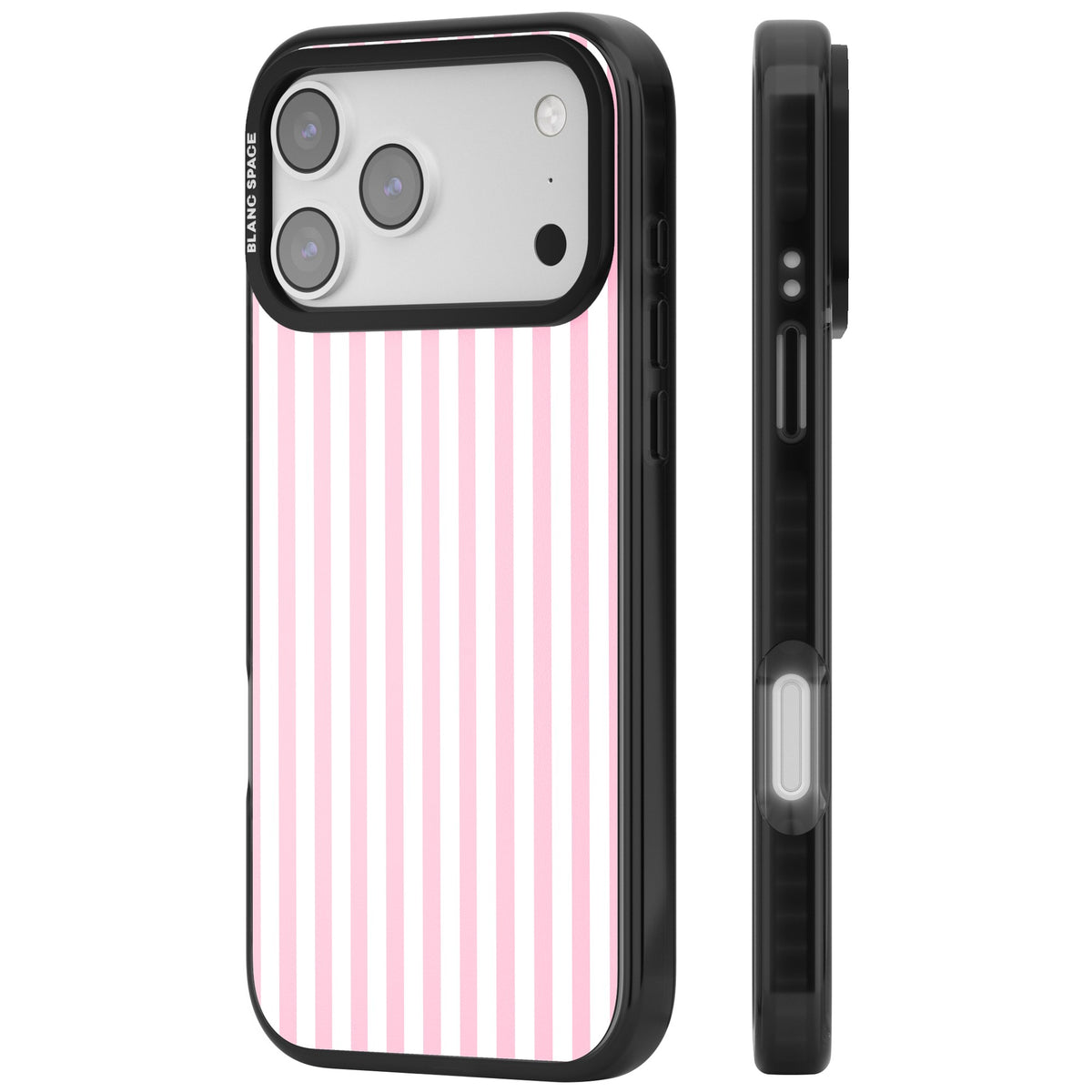 Pink Stripe preppy iPhone case featuring soft pastel pink and white vertical candy stripes iPhone 17 Pro Max Impact Black Phone Case side