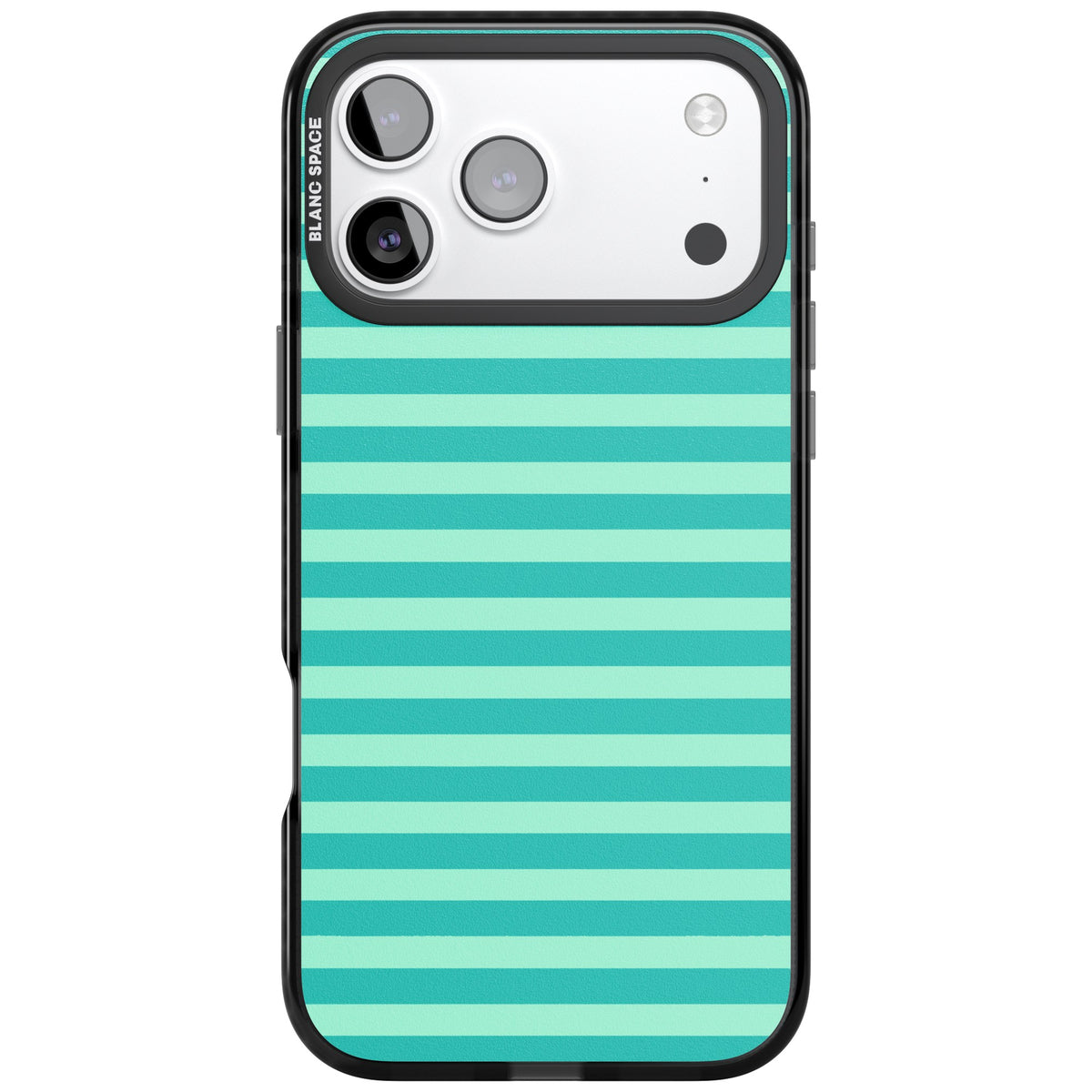 Turquoise Stripe preppy iPhone case featuring horizontal teal and mint green stripes on a black protective frame iPhone 17 Pro Max Impact Black Phone Case front