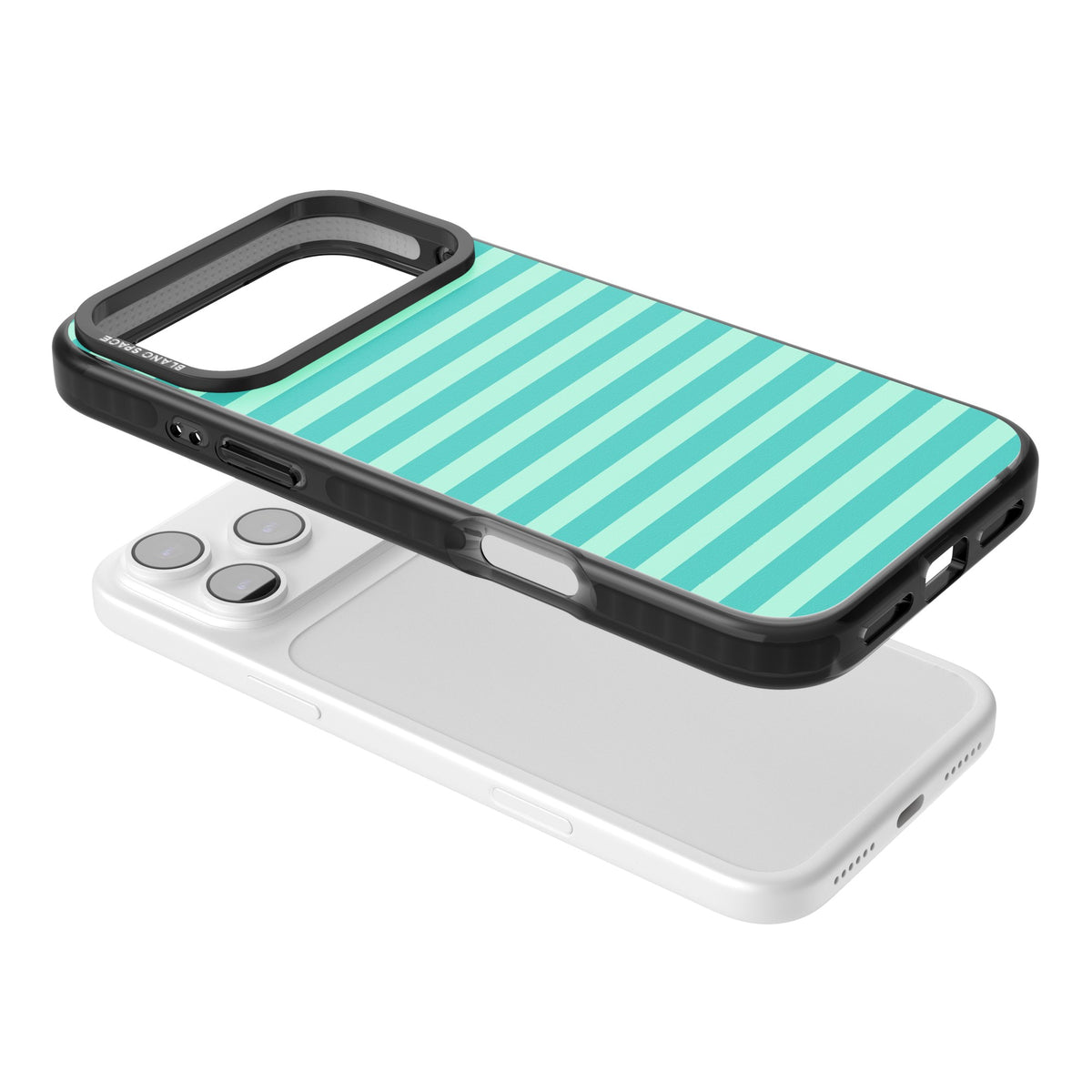 Turquoise Stripe preppy iPhone case featuring horizontal teal and mint green stripes on a black protective frame iPhone 17 Pro Max Impact Black Phone Case angled
