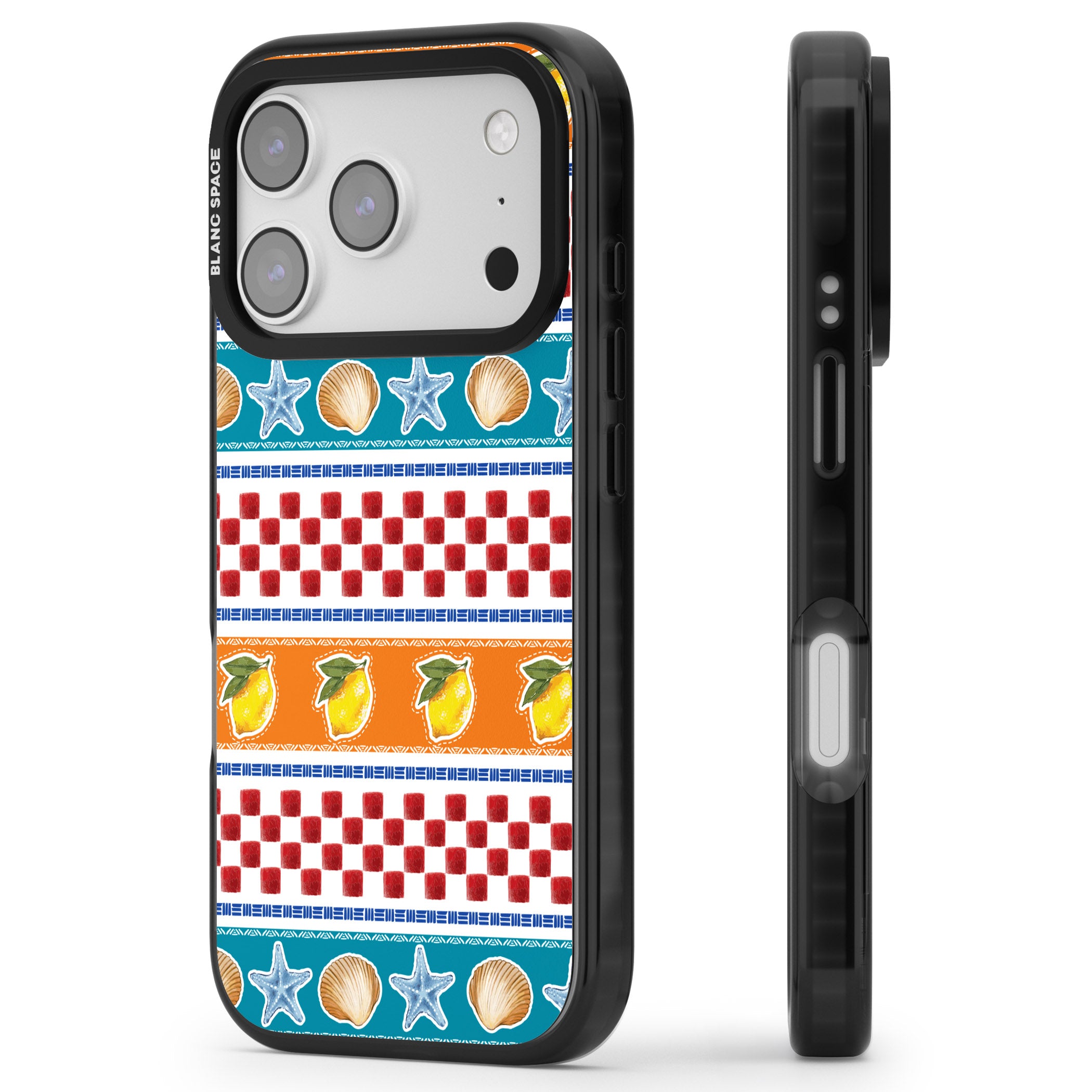 Coastal Italian Check Pattern iPhone 17 Pro Impact Black Phone Case Side Profile