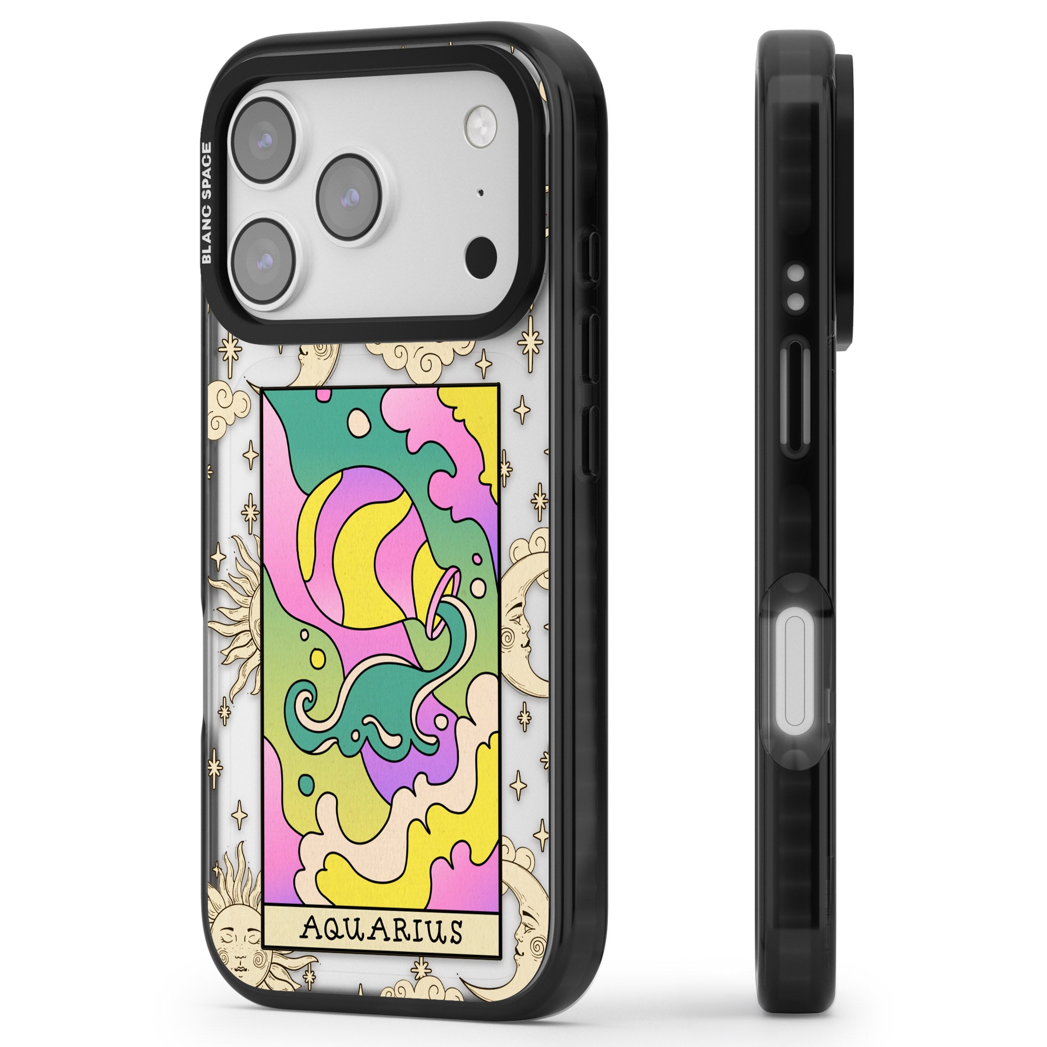 Celestial Zodiac Aquarius iPhone 17 Pro Impact Black Phone Case Side Profile