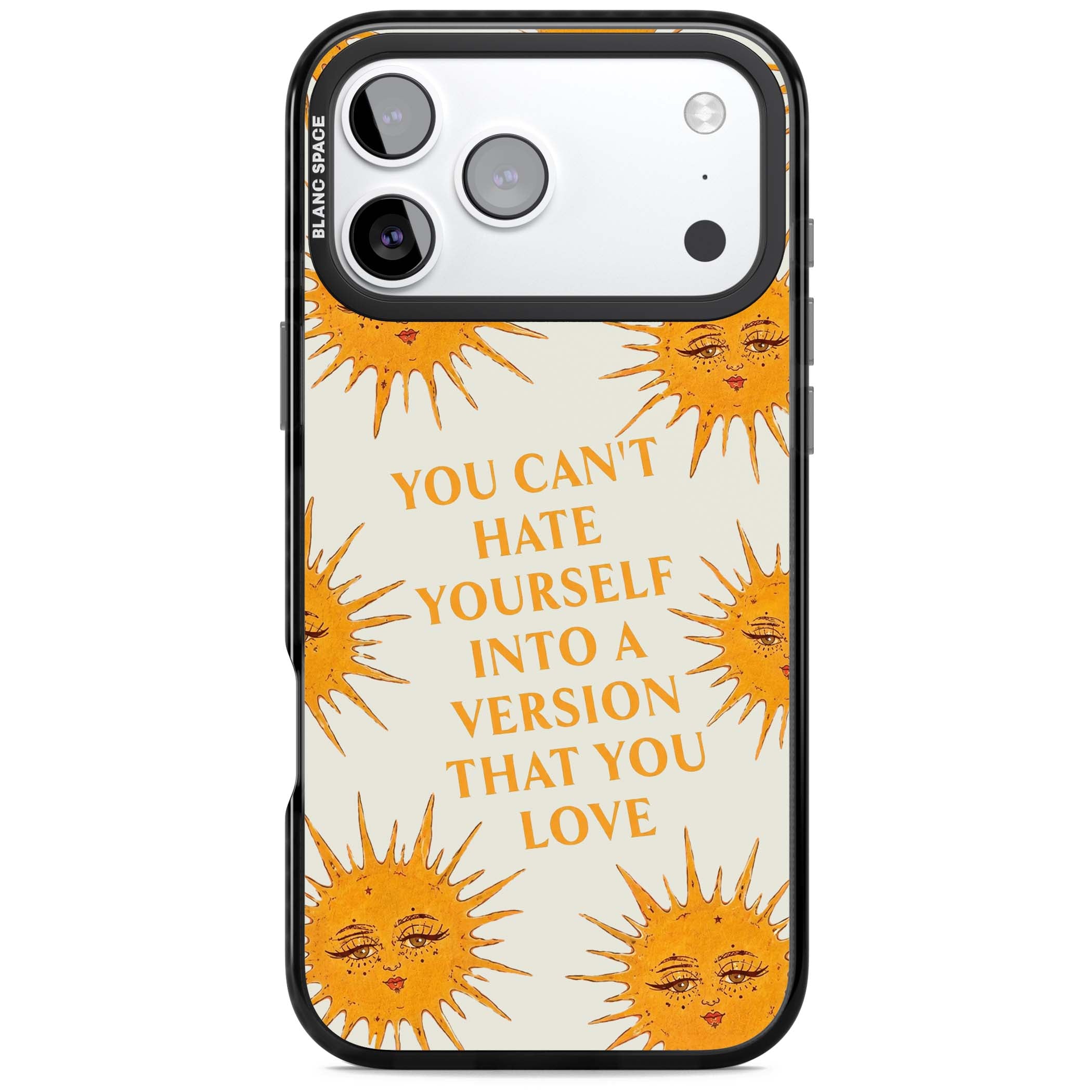 Don't Hate Yourself celestial iPhone case featuring vintage sun faces, ochre rays and a self-love quote | Clear Impact case for iPhone 17 Pro, iPhone 17 Pro Max