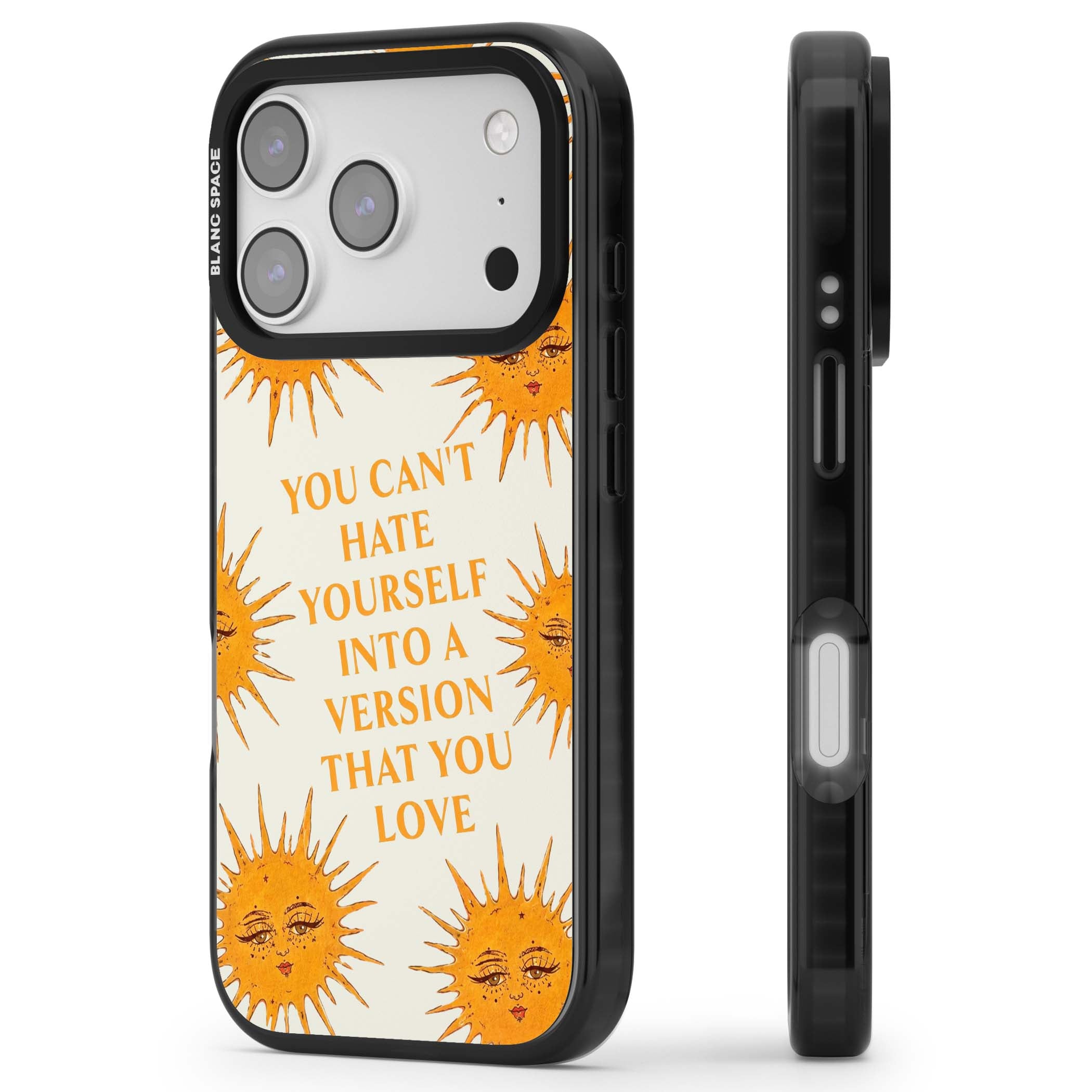 Don't Hate Yourself celestial iPhone case featuring vintage sun faces, ochre rays and a self-love quote | Clear Impact case for iPhone 17 Pro, iPhone 17 Pro Max