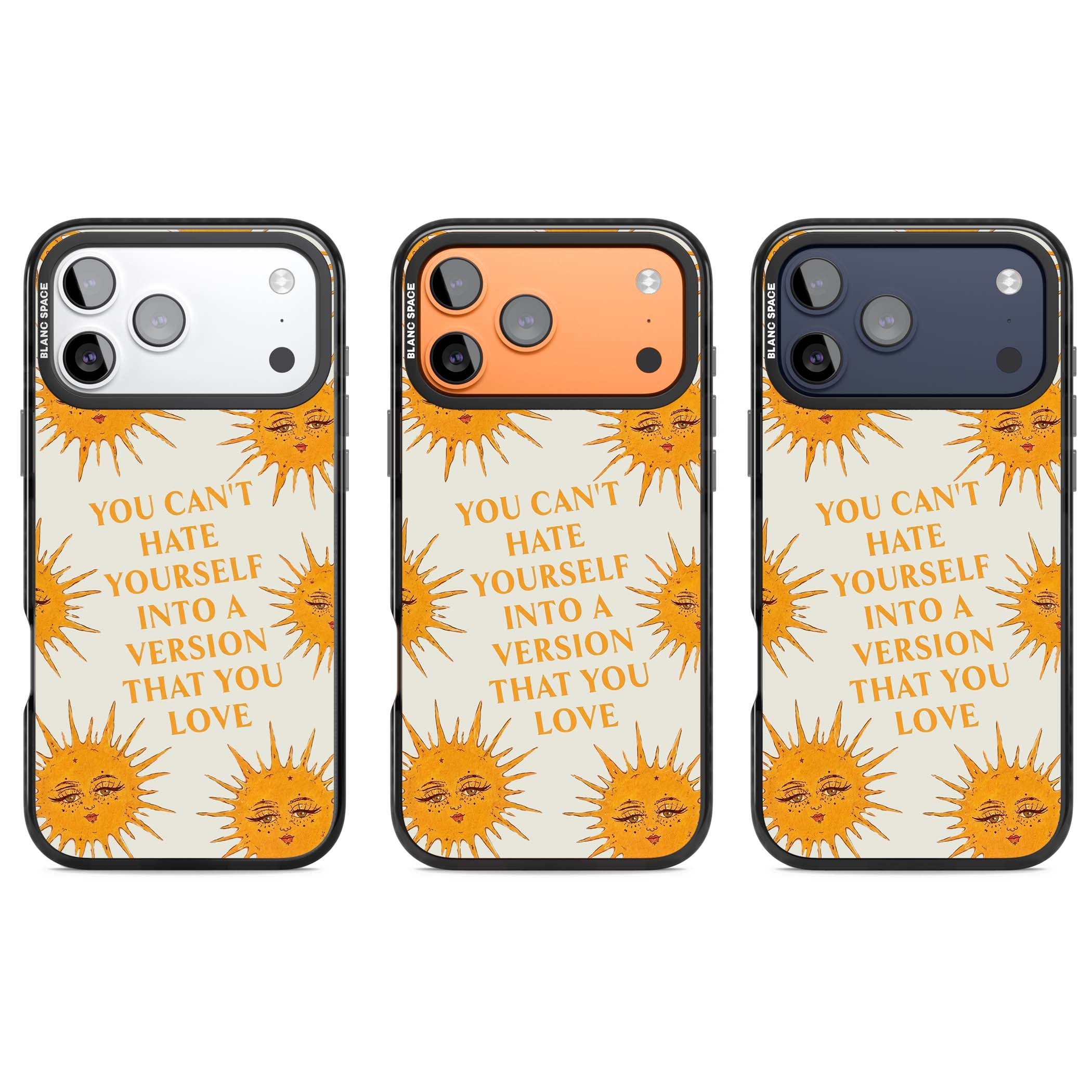 Don't Hate Yourself celestial iPhone case featuring vintage sun faces, ochre rays and a self-love quote | Clear Impact case for iPhone 17 Pro, iPhone 17 Pro Max