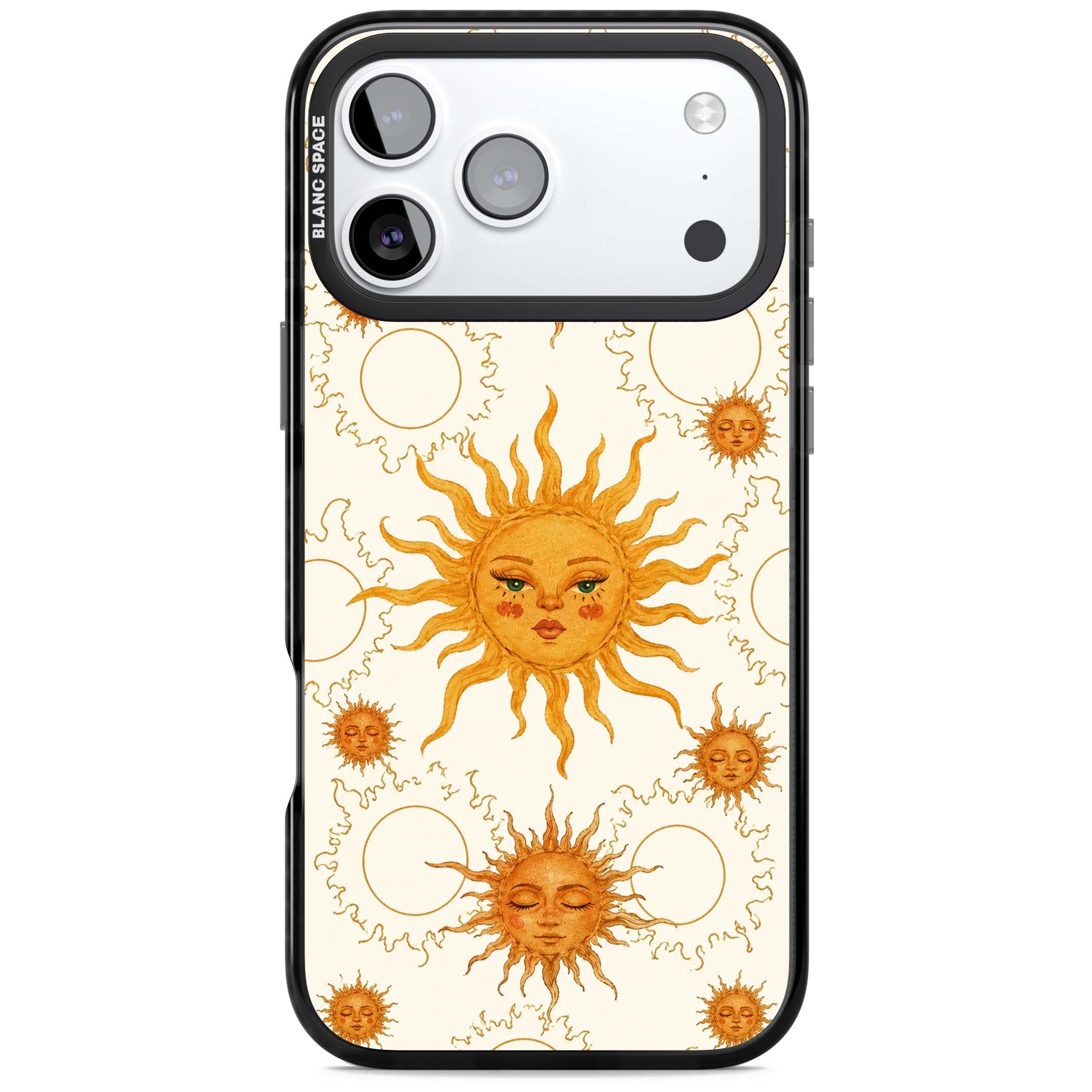 Solstice Muse celestial iPhone case featuring hand-painted golden sun faces, closed-eye sun goddesses and outlined moons... | Clear Impact case for iPhone 17 Pro, iPhone 17 Pro Max