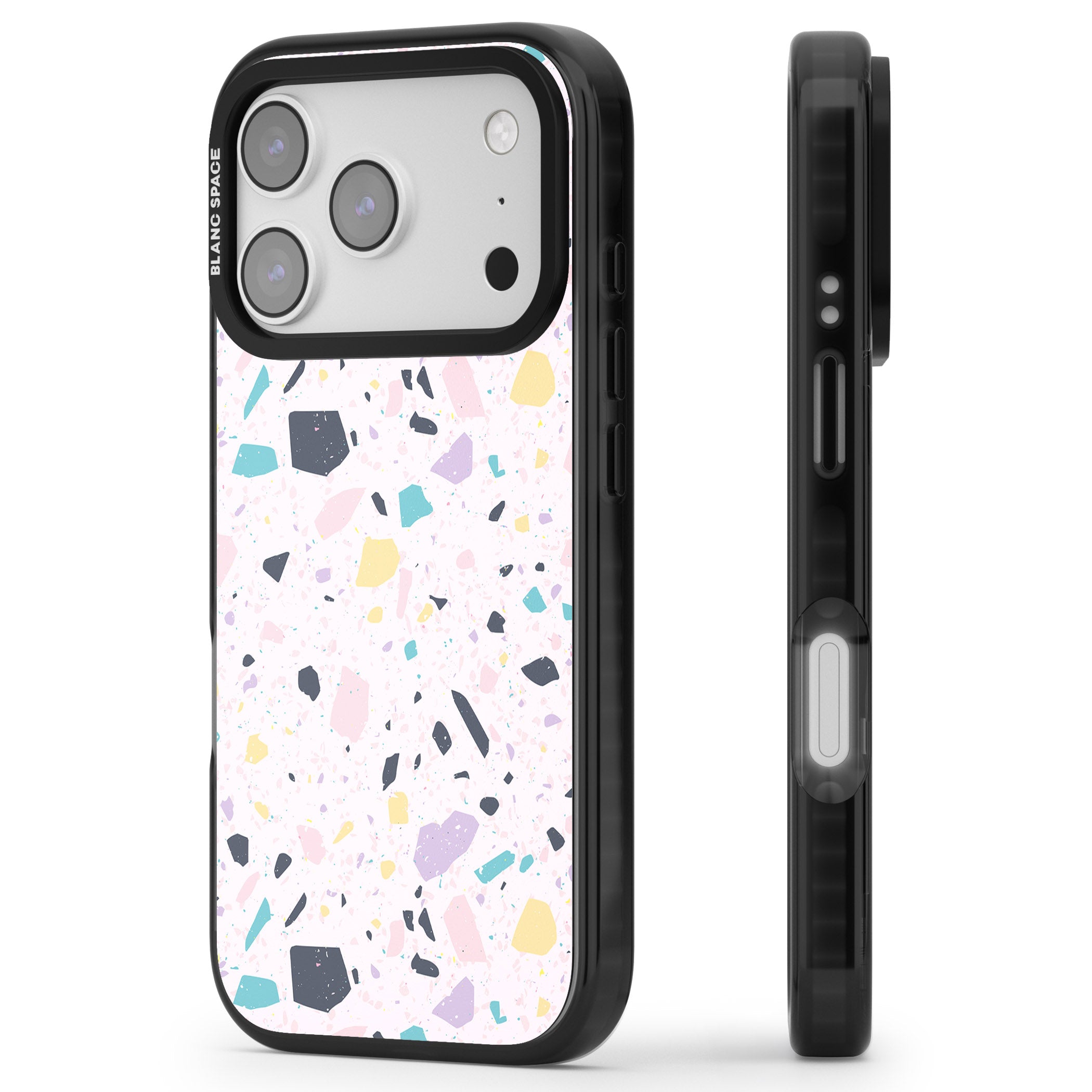 Pink, Purple & Turquoise Terrazzo Pattern iPhone 17 Pro Impact Black Phone Case Side Profile
