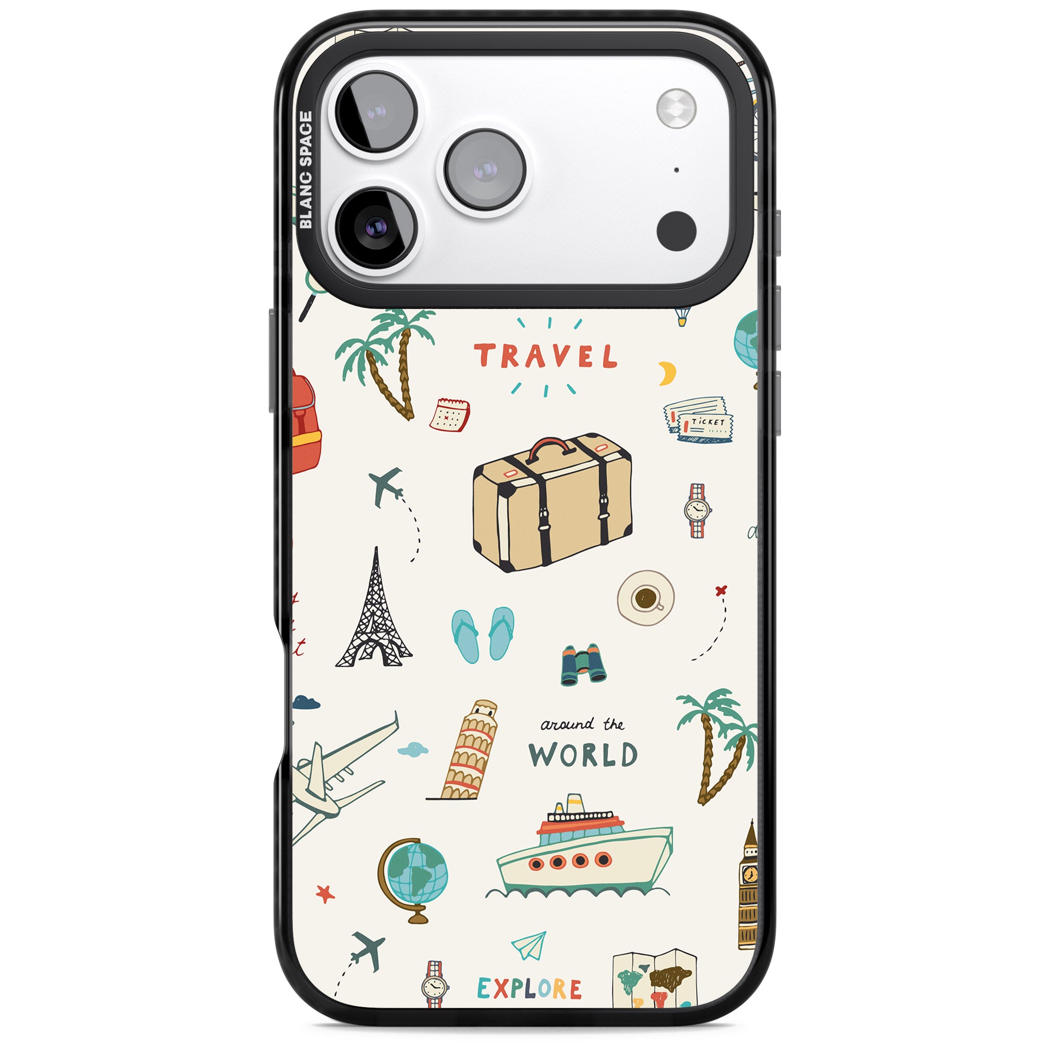 Cute Travel Pattern Cream iPhone 17 Pro Impact Black Phone Case