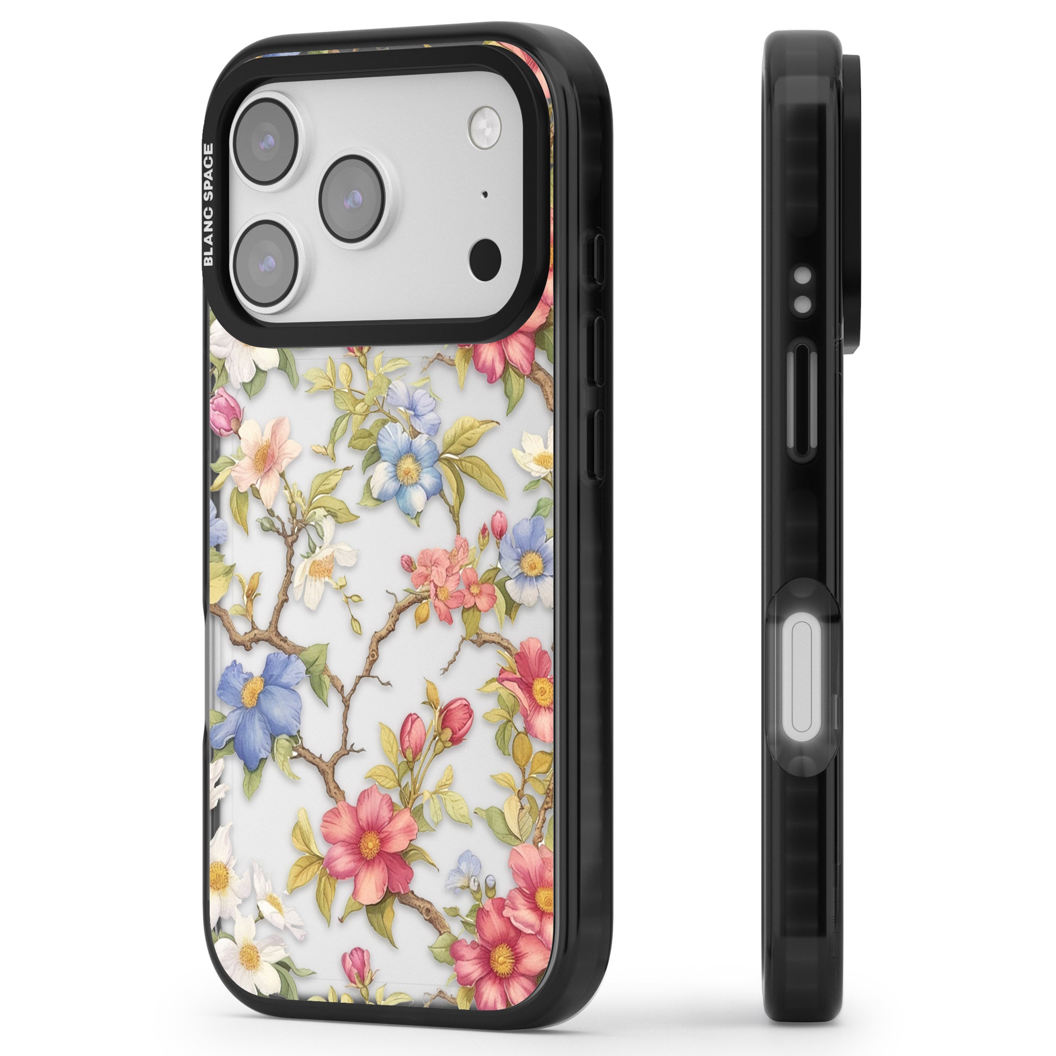 Vintage Vines & Flowers iPhone 17 Pro Impact Black Phone Case Side Profile