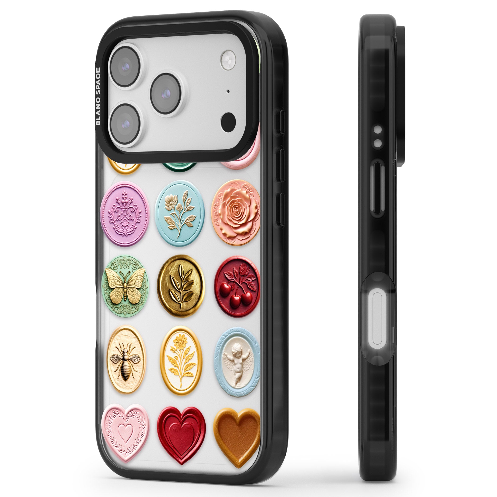 Vintage Wax Seal Pattern iPhone 17 Pro Impact Black Phone Case Side Profile