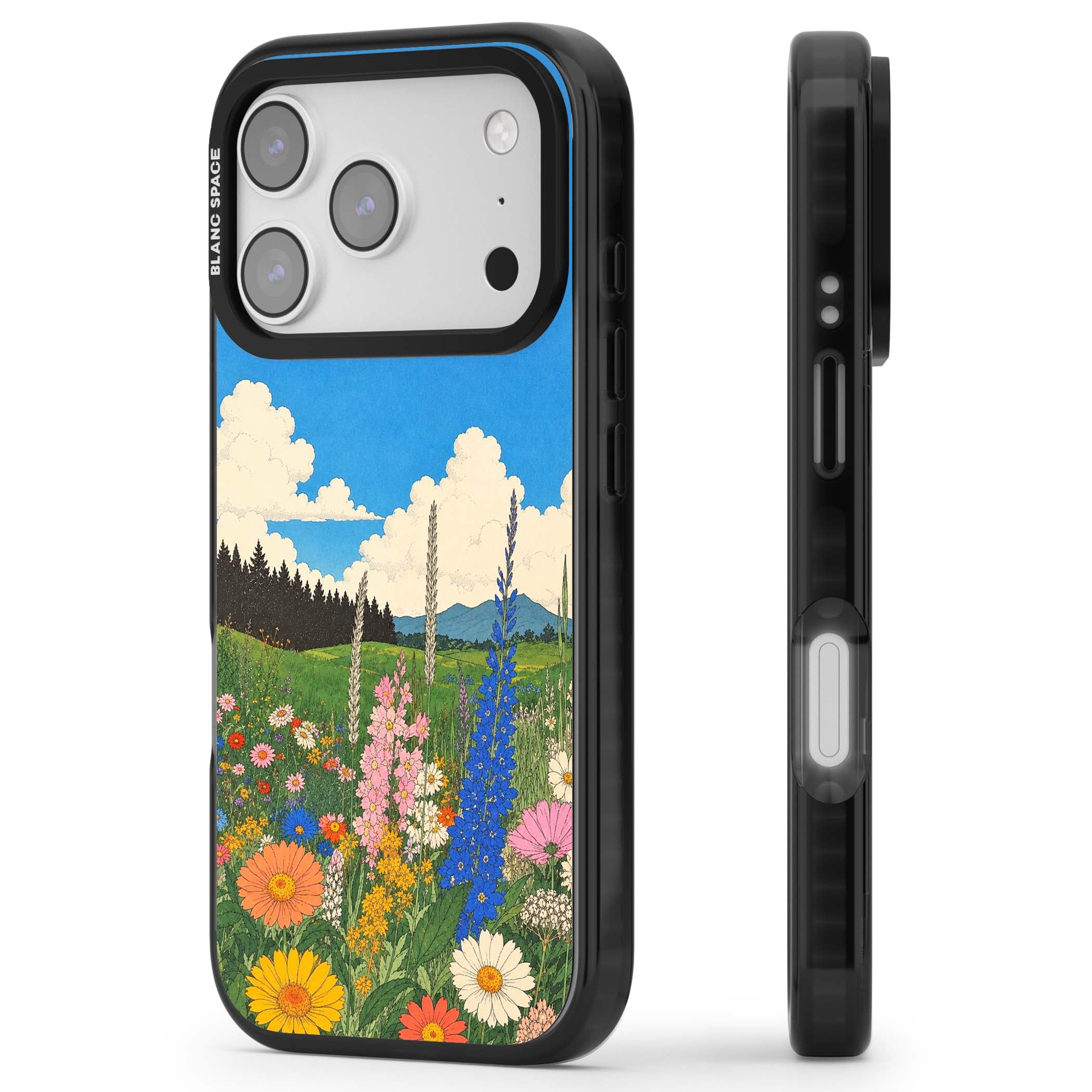 Wildbloom wildflower iPhone case featuring a vintage Japanese-style meadow landscape with daisies, delphiniums and moun | Clear Impact case for iPhone 17 Pro, iPhone 17 Pro Max