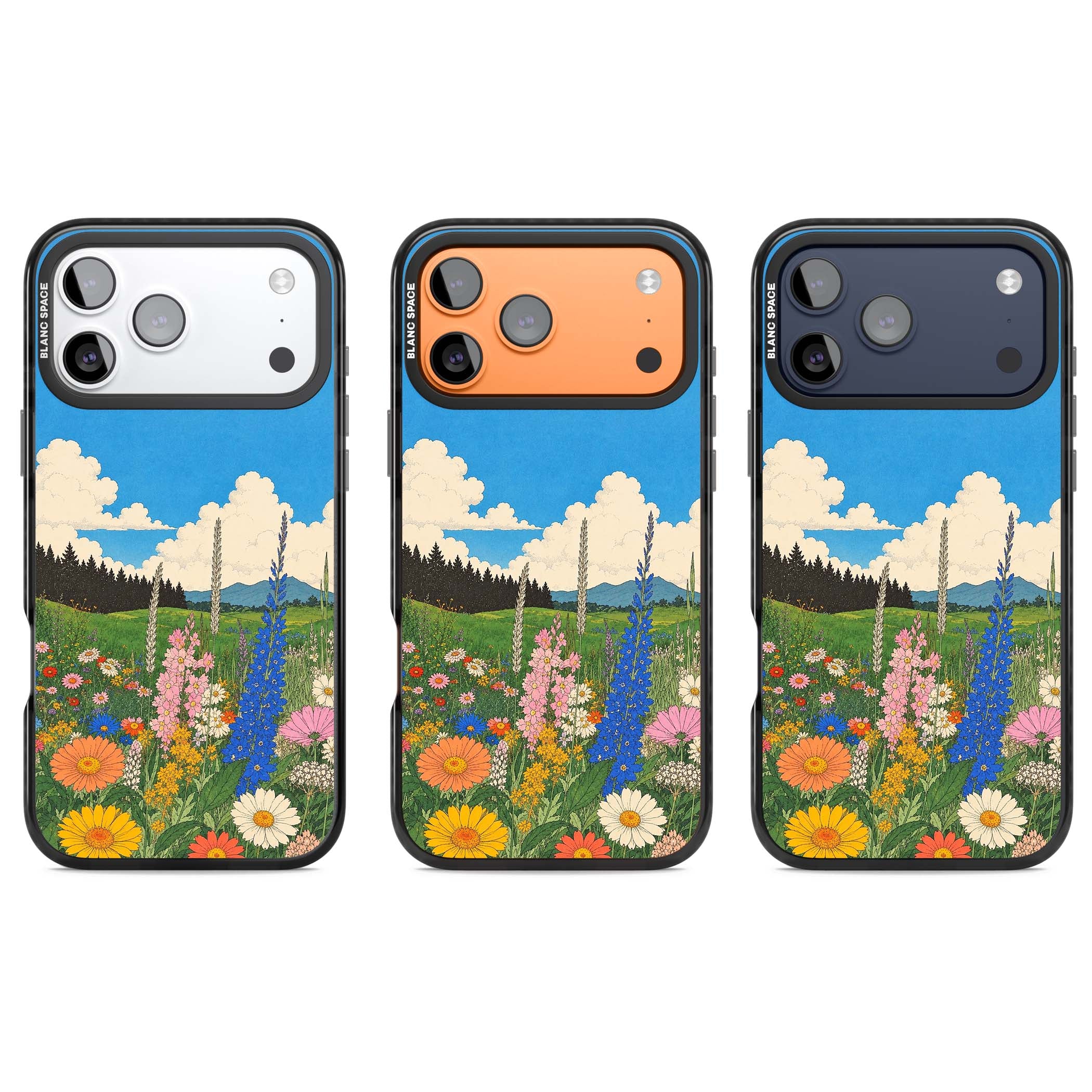 Wildbloom wildflower iPhone case featuring a vintage Japanese-style meadow landscape with daisies, delphiniums and moun | Clear Impact case for iPhone 17 Pro, iPhone 17 Pro Max
