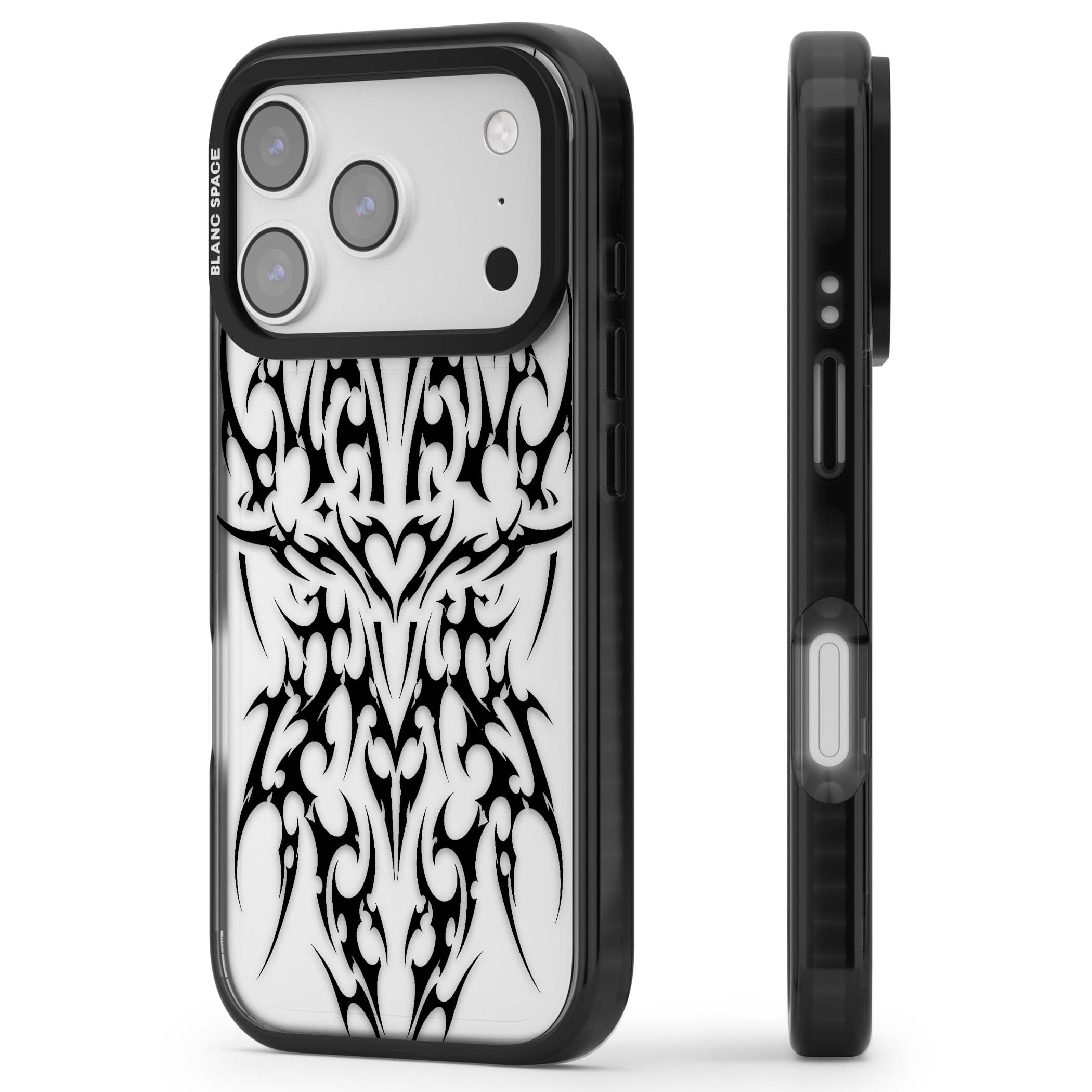 Neo Tribal Heart gothic iPhone case featuring symmetrical black tribal tattoo art with sharp thorn-like linework | Clear Impact case for iPhone 17 Pro, iPhone 17 Pro Max
