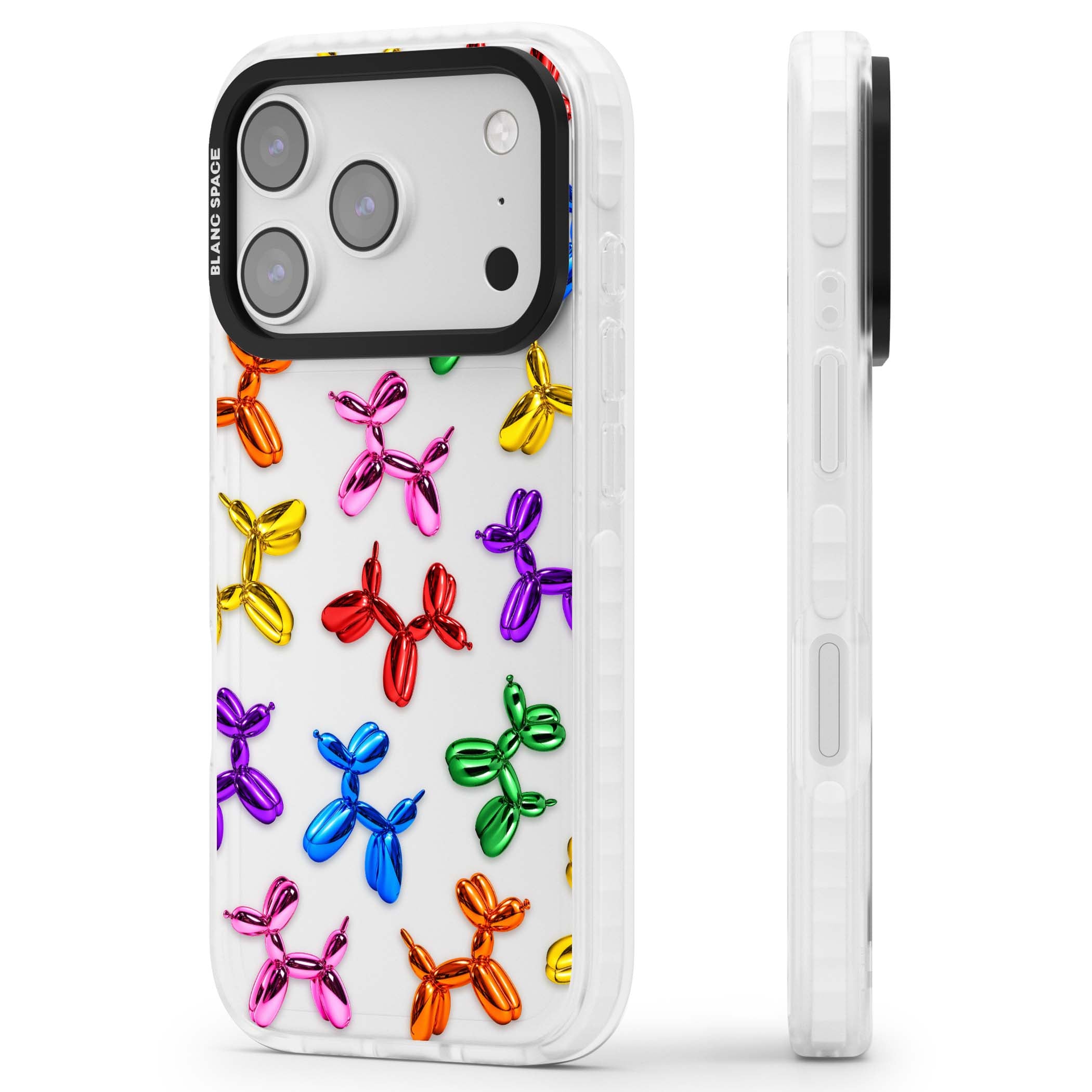 Balloon Dogs pop art iPhone case featuring rainbow chrome balloon dogs in Jeff Koons style | Black Impact case for iPhone 17 Pro, iPhone 17 Pro Max