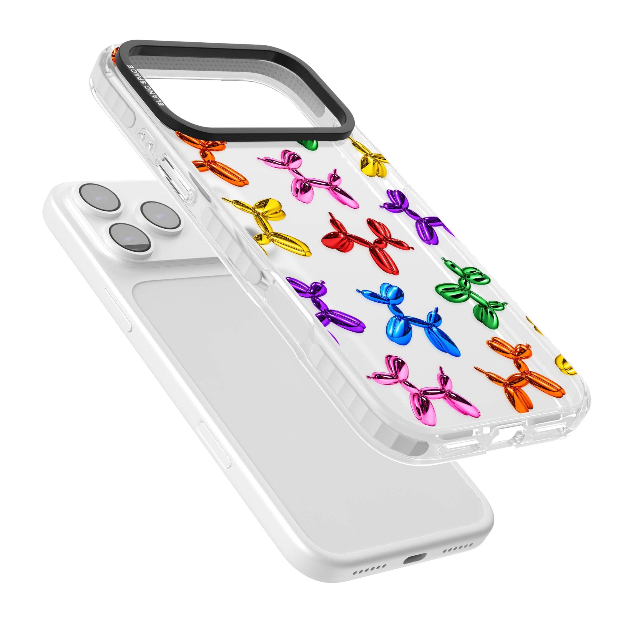 Balloon Dogs pop art iPhone case featuring rainbow chrome balloon dogs in Jeff Koons style | Black Impact case for iPhone 17 Pro, iPhone 17 Pro Max