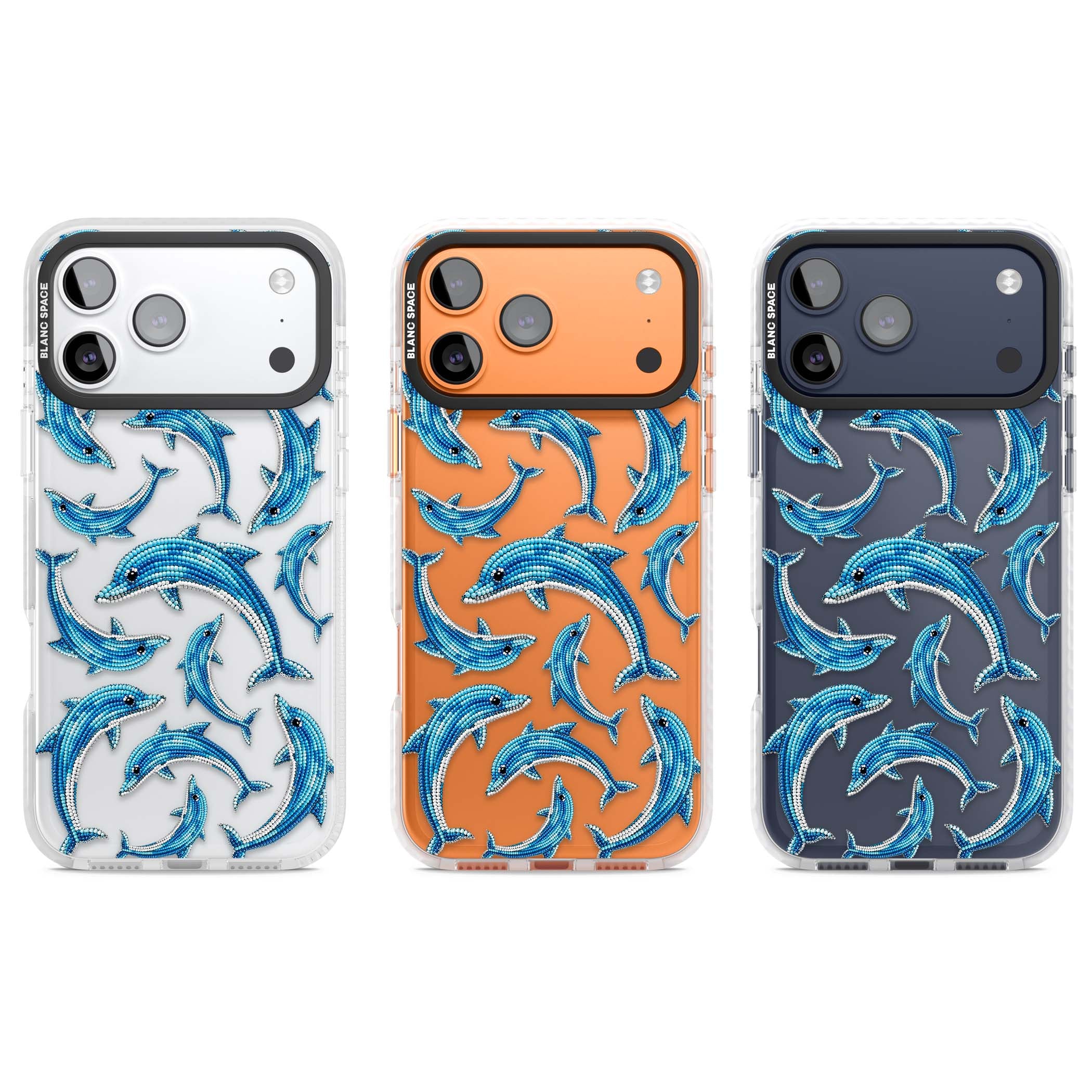 Beaded Dolphins coastal iPhone case featuring beaded dolphins in blue and white swimming across a clear background | Black Impact case for iPhone 17 Pro, iPhone 17 Pro Max