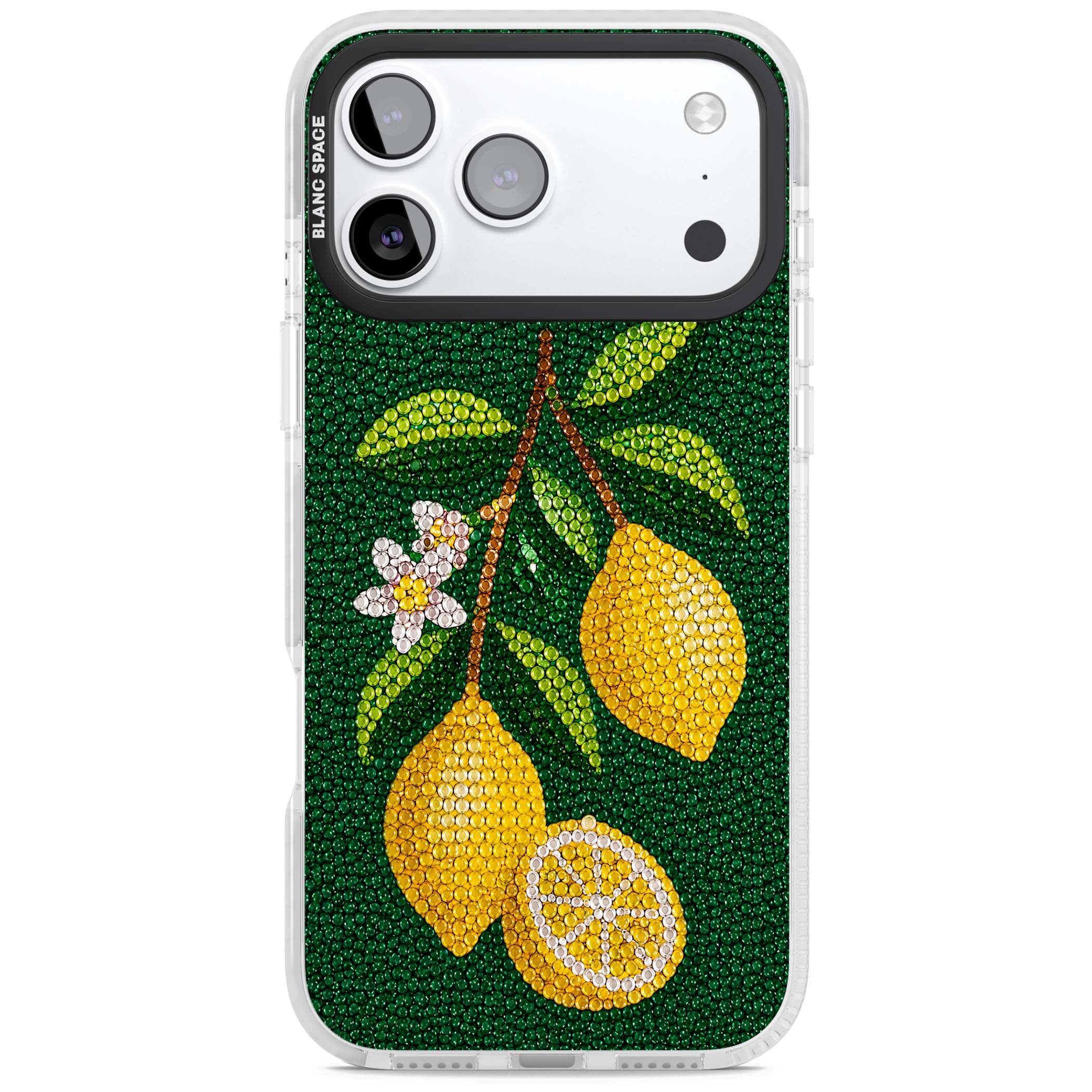 Beaded Lemons coastal iPhone case featuring crystal-beaded lemons, citrus blossom and green leaves on emerald ground | Black Impact case for iPhone 17 Pro, iPhone 17 Pro Max