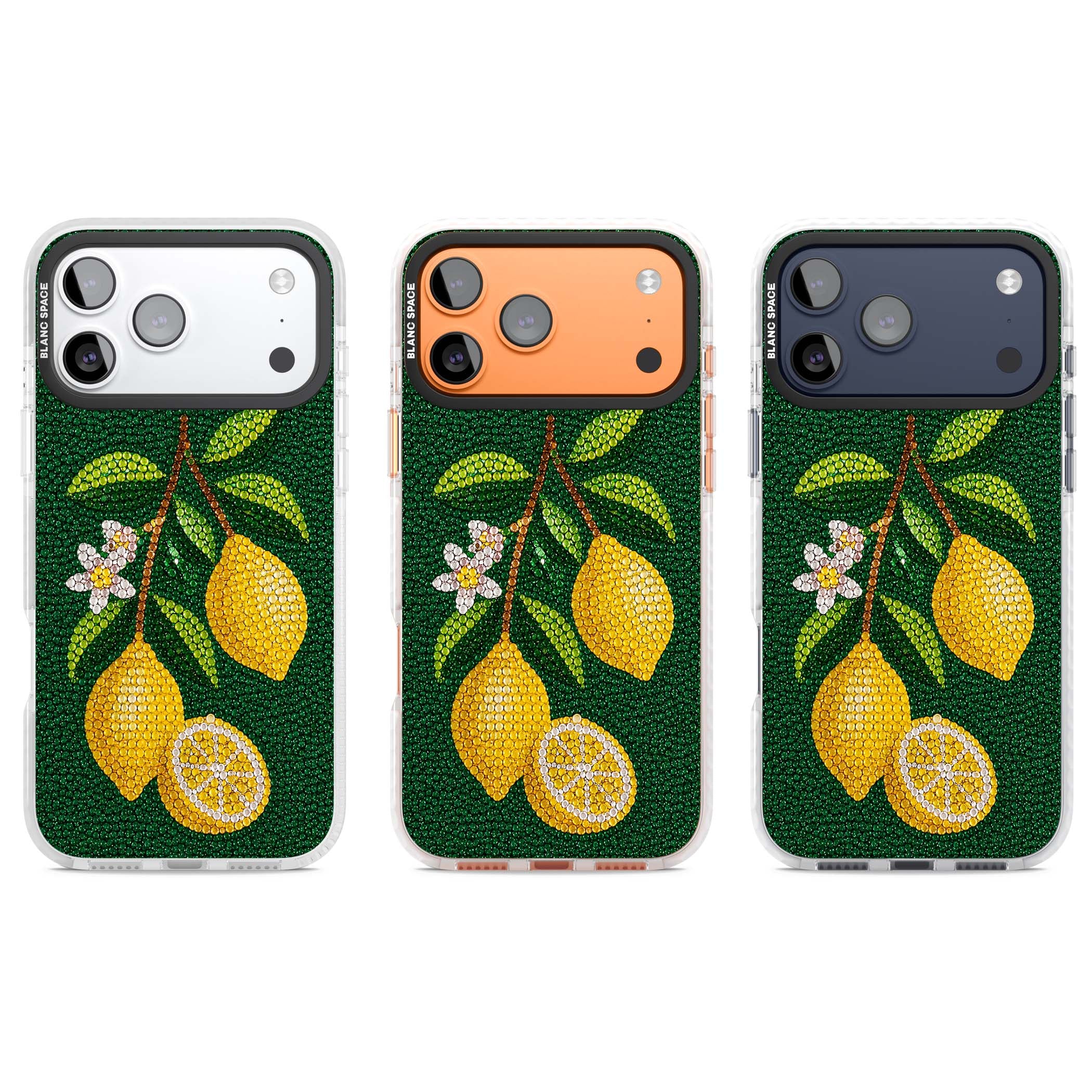 Beaded Lemons coastal iPhone case featuring crystal-beaded lemons, citrus blossom and green leaves on emerald ground | Black Impact case for iPhone 17 Pro, iPhone 17 Pro Max