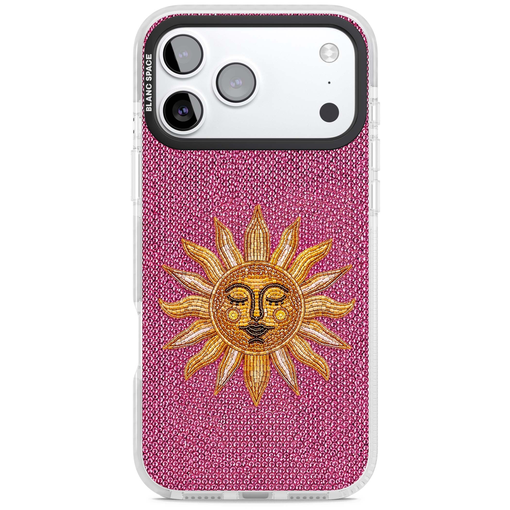 Beaded Sun celestial iPhone case featuring a golden beaded sun face with radiant rays on hot pink beaded background | Black Impact case for iPhone 17 Pro, iPhone 17 Pro Max