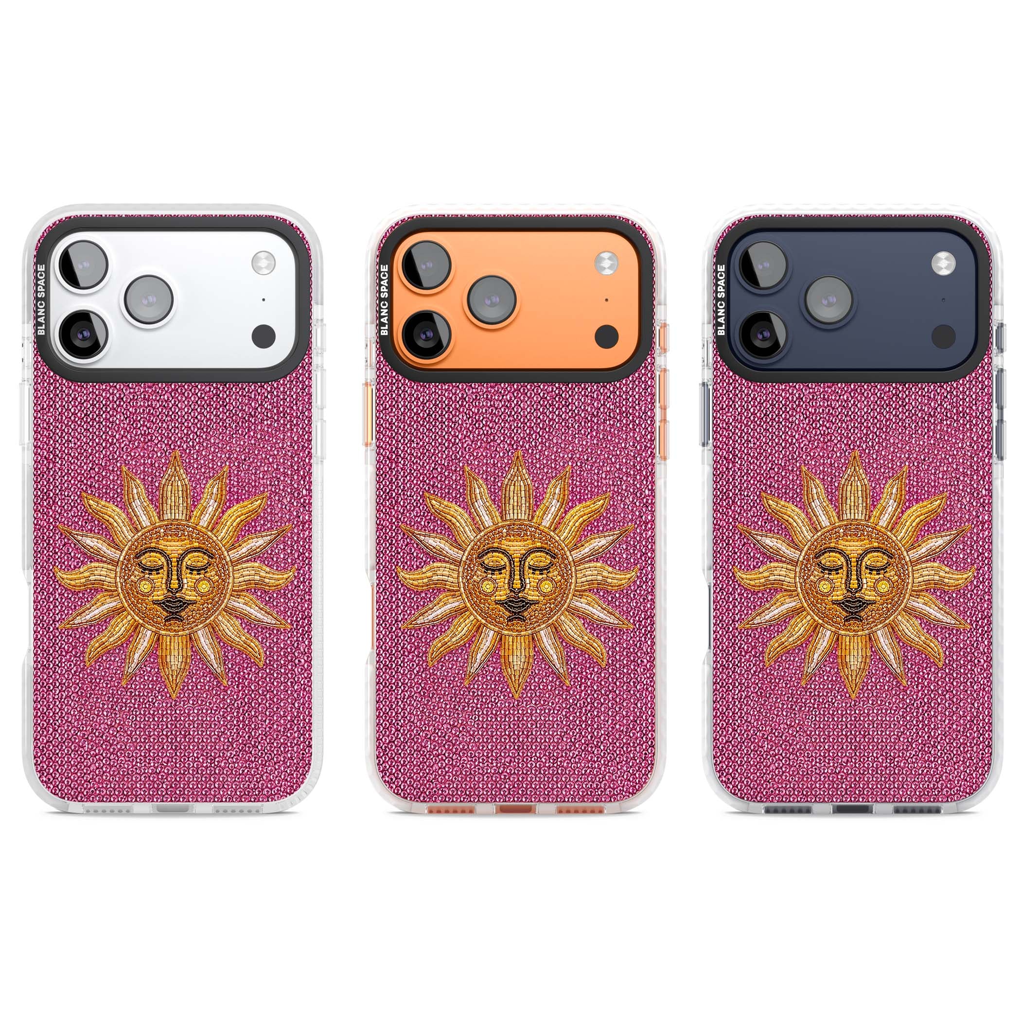 Beaded Sun celestial iPhone case featuring a golden beaded sun face with radiant rays on hot pink beaded background | Black Impact case for iPhone 17 Pro, iPhone 17 Pro Max