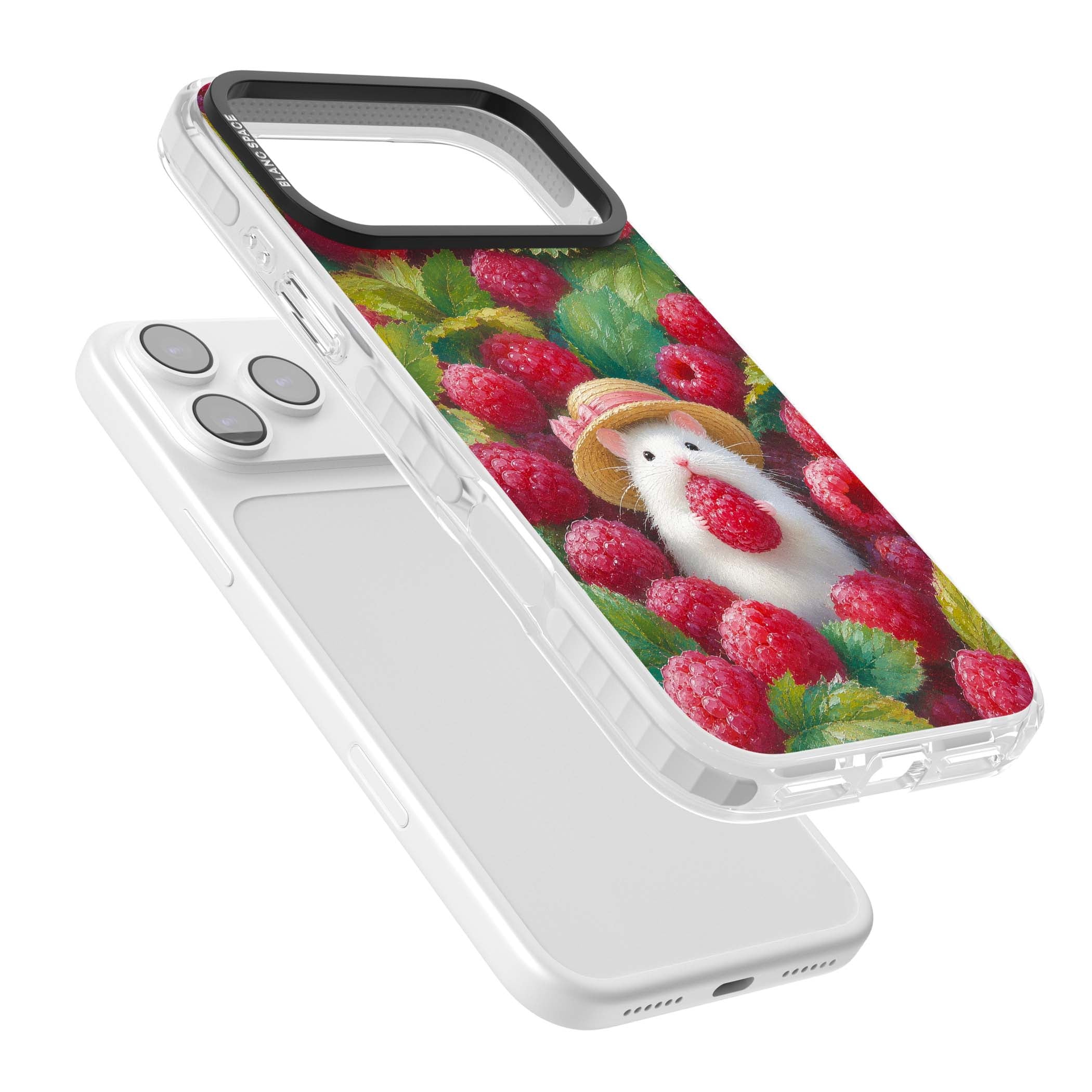 Berry Forager cottagecore iPhone case featuring a white hamster in a straw hat holding a raspberry surrounded by ripe ber | Black Impact case for iPhone 17 Pro, iPhone 17 Pro Max