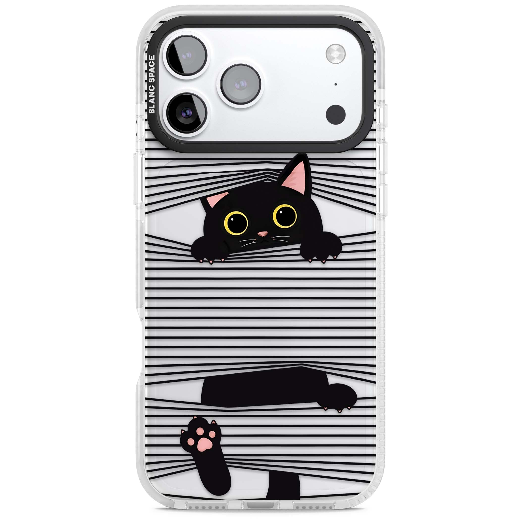 Peek-a-Boo Cat minimal iPhone case featuring black cat peeking through horizontal black and white stripes | Black Impact case for iPhone 17 Pro, iPhone 17 Pro Max