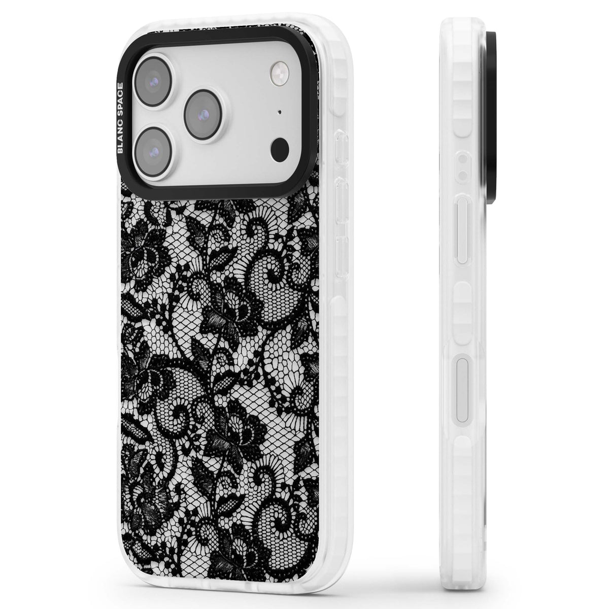 Black Lace gothic iPhone case featuring intricate black floral lace pattern with vintage whimsigoth detail | Black Impact case for iPhone 17 Pro, iPhone 17 Pro Max