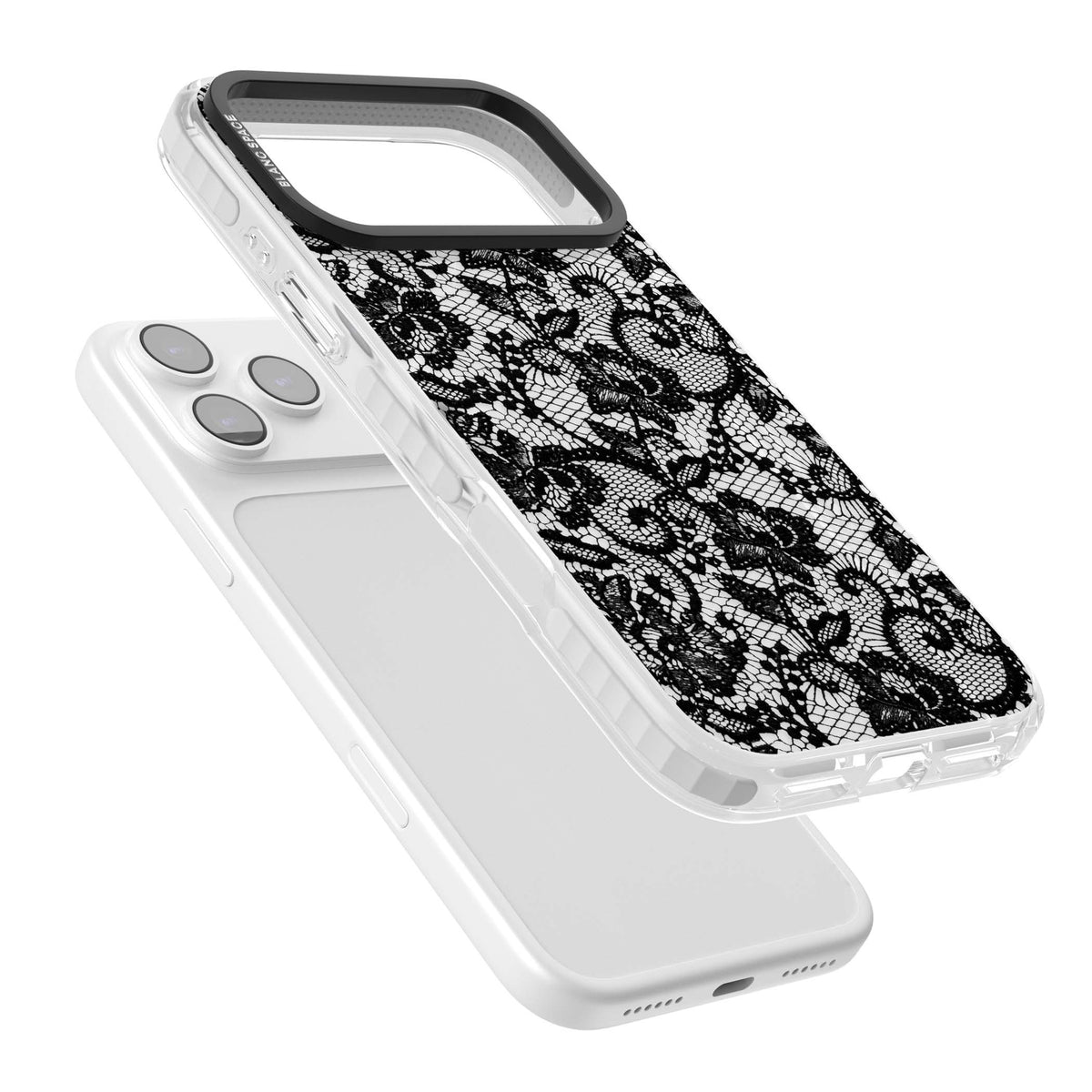 Black Lace gothic iPhone case featuring intricate black floral lace pattern with vintage whimsigoth detail | Black Impact case for iPhone 17 Pro, iPhone 17 Pro Max