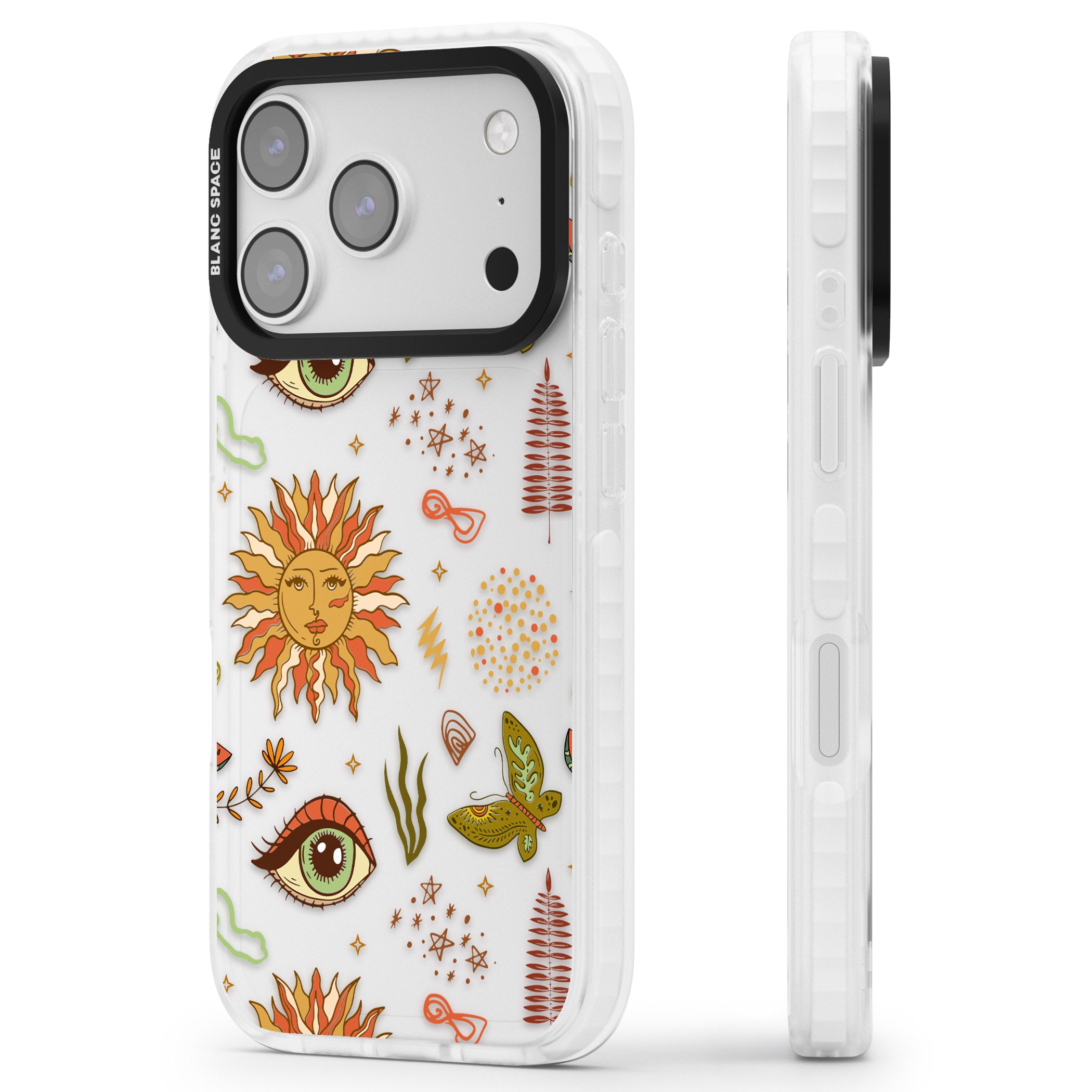 Boho Celestial Sun & Eye Pattern iPhone 17 Pro Impact Clear Phone Case Side Profile