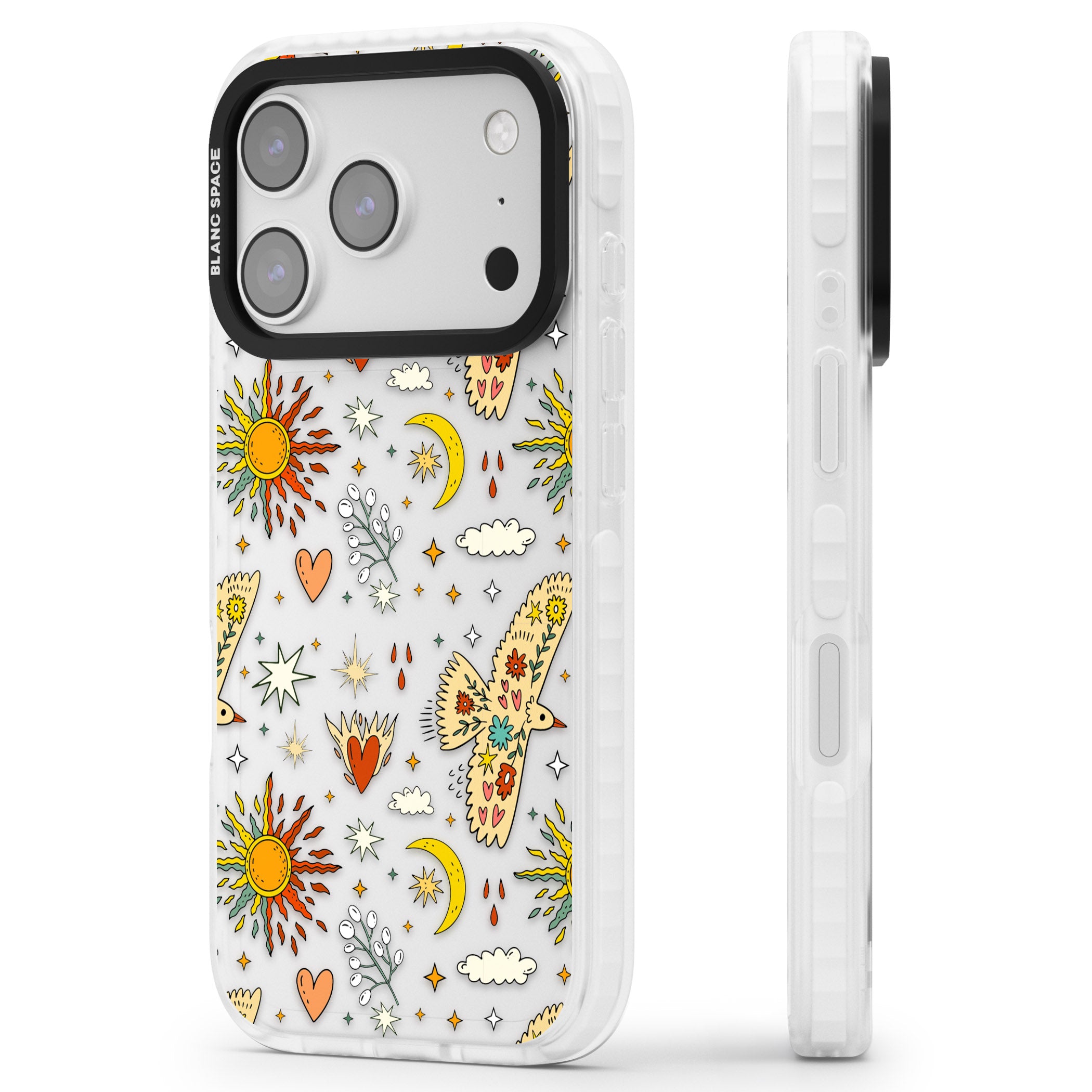 Boho Celestial Floral Bird Sun iPhone 17 Pro Impact Clear Phone Case Side Profile