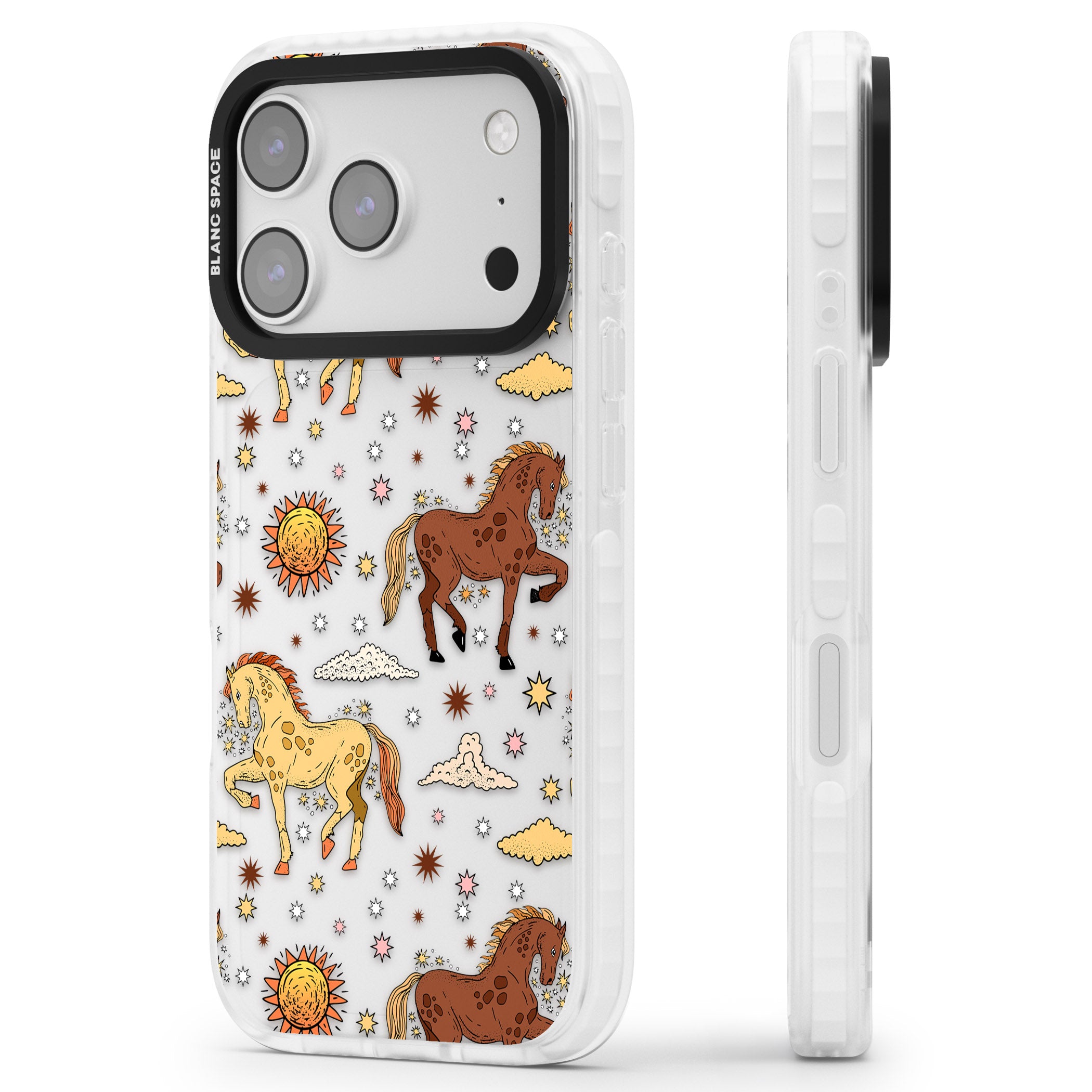 Boho Celestial Wild Horses iPhone 17 Pro Impact Clear Phone Case Side Profile
