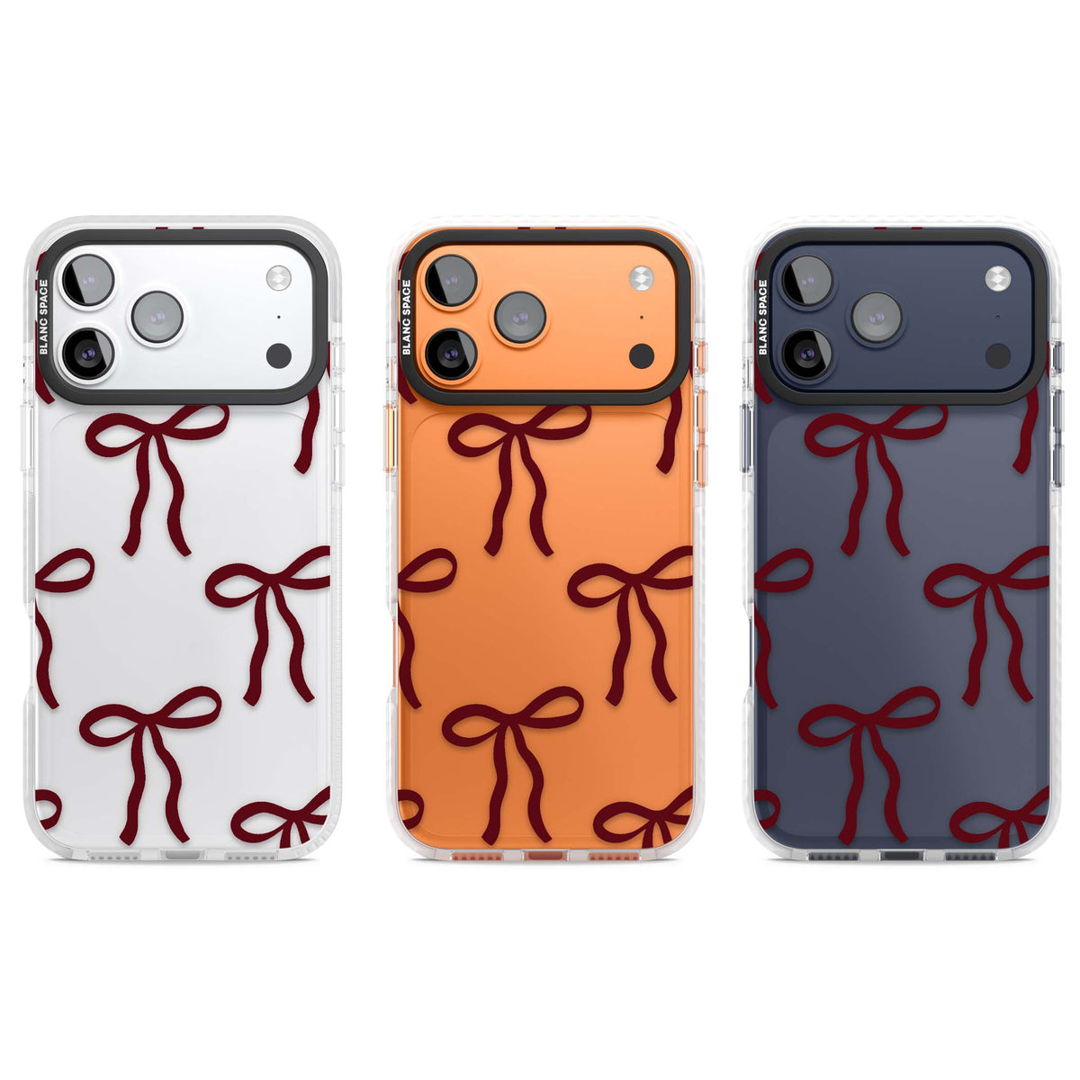 Burgundy Bows coquette iPhone case featuring hand-drawn burgundy red bows on a clear background | Black Impact case for iPhone 17 Pro, iPhone 17 Pro Max