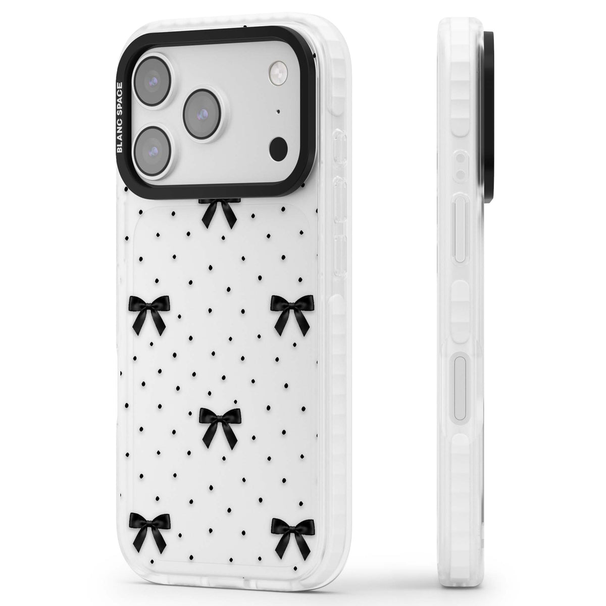 Black Polka Bows coquette iPhone case featuring scattered black satin bows and tiny polka dots on a clear base | Black Impact case for iPhone 17 Pro, iPhone 17 Pro Max
